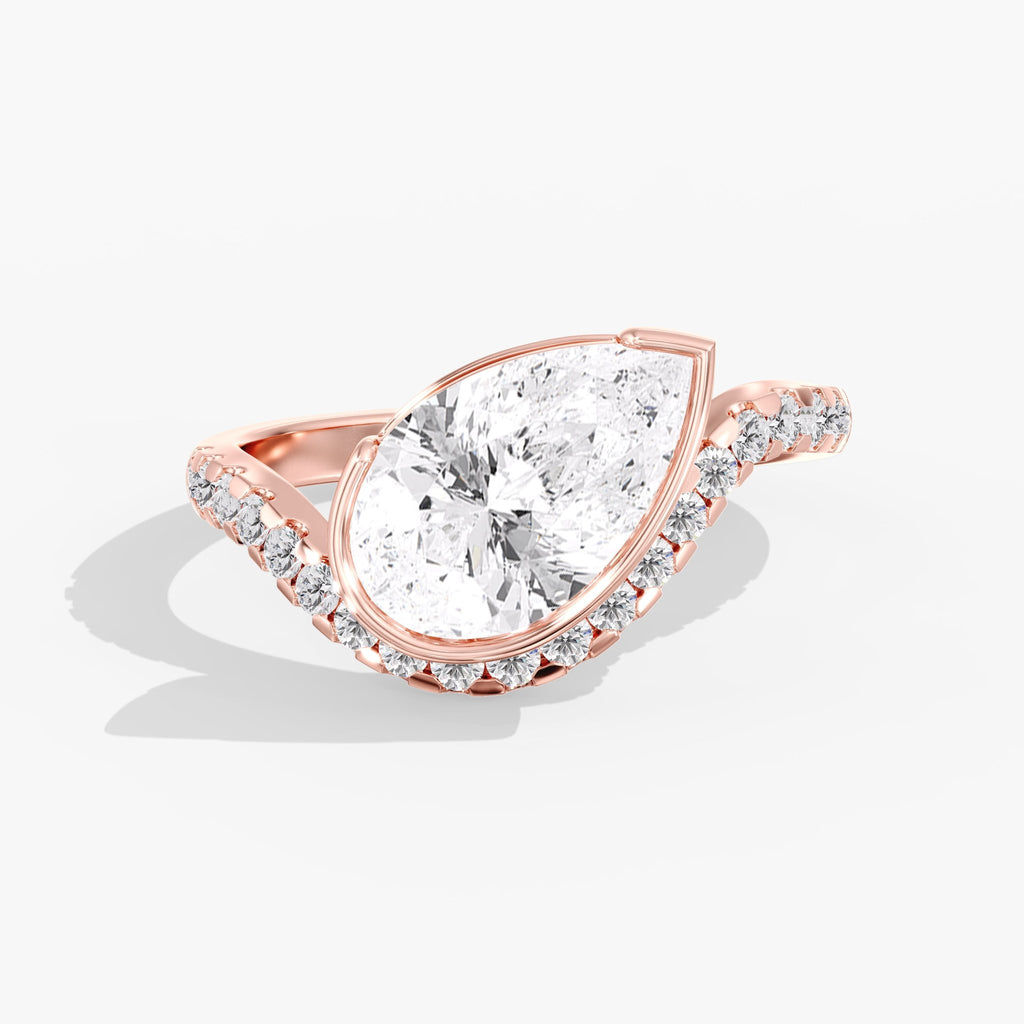 Rose Gold East West Pear Diamonds Tilted Bezel Pave Ring Front View