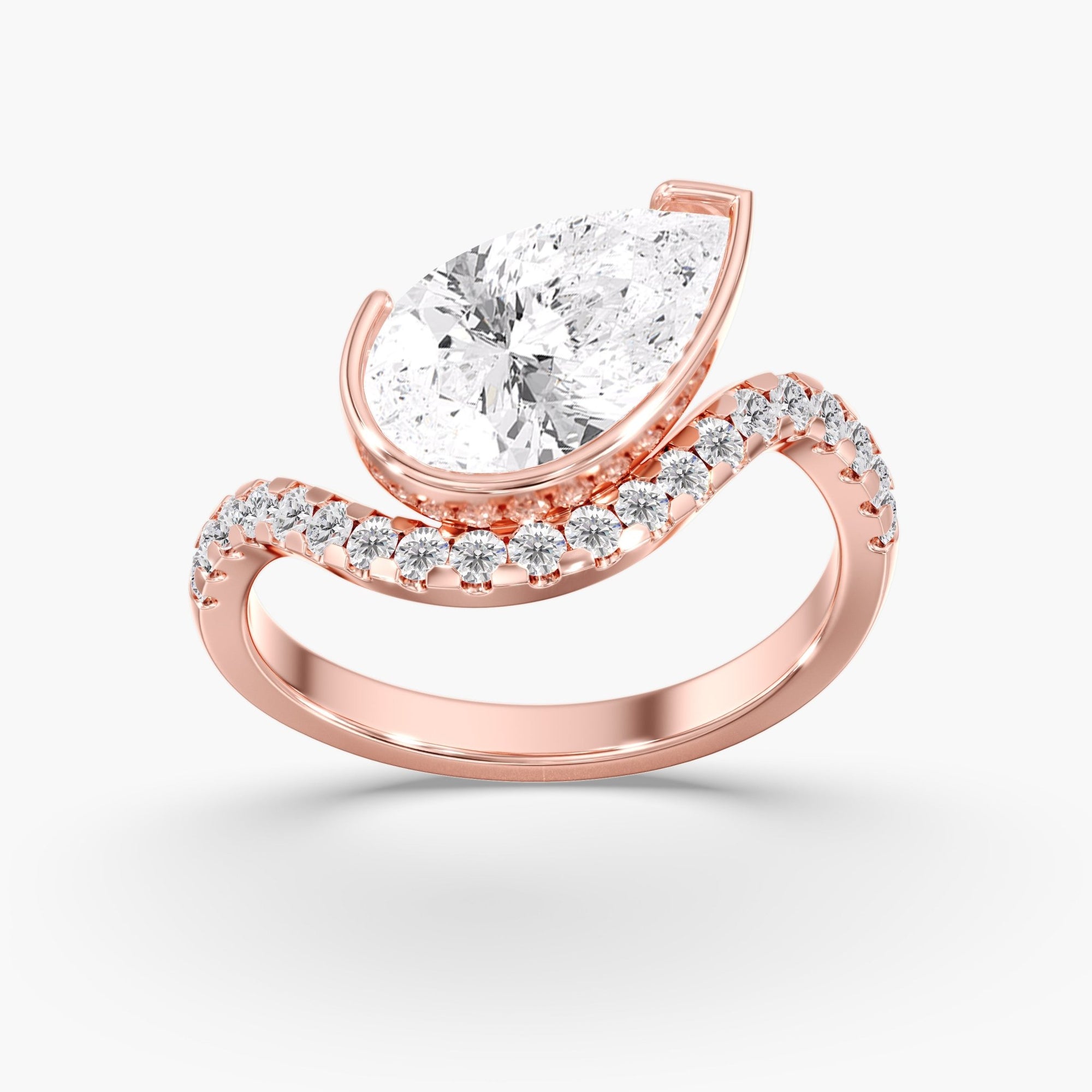 Rose Gold East West Pear Diamonds Tilted Bezel Pave Ring