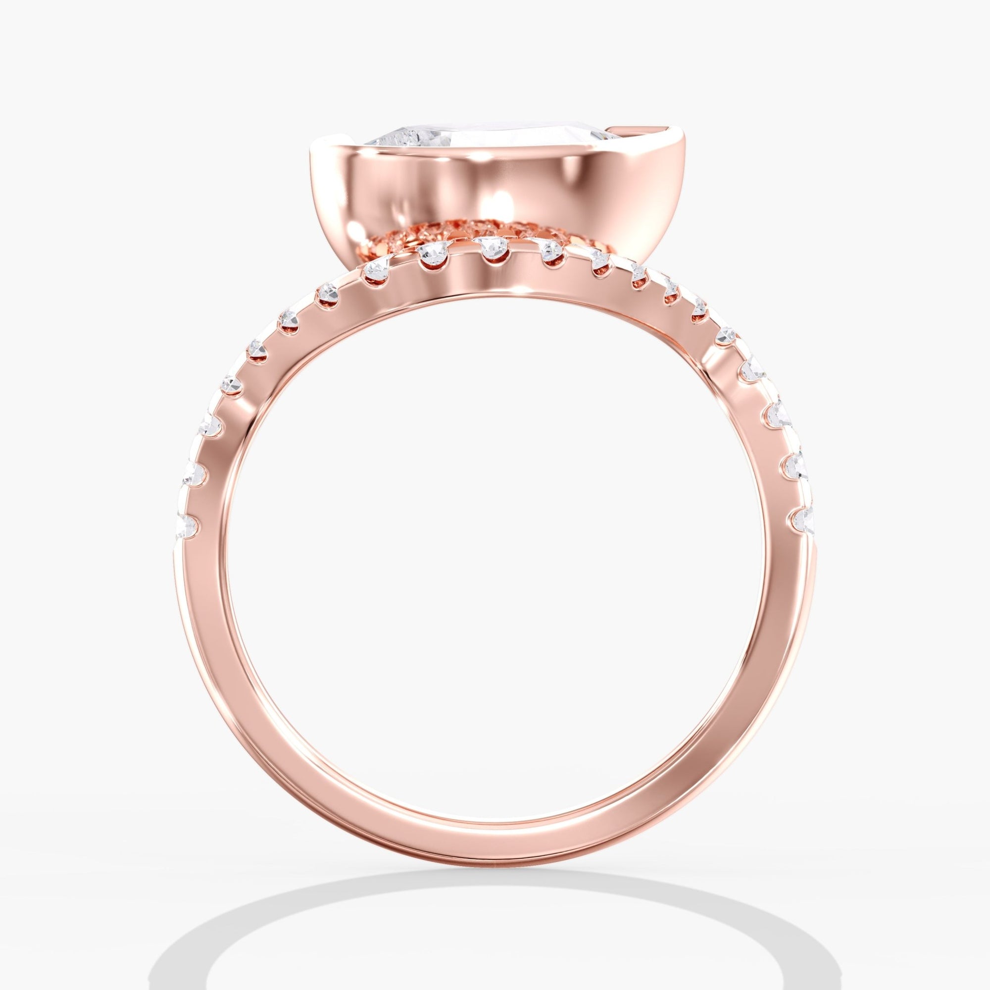 Rose Gold East West Pear Diamonds Tilted Bezel Pave Ring Side View
