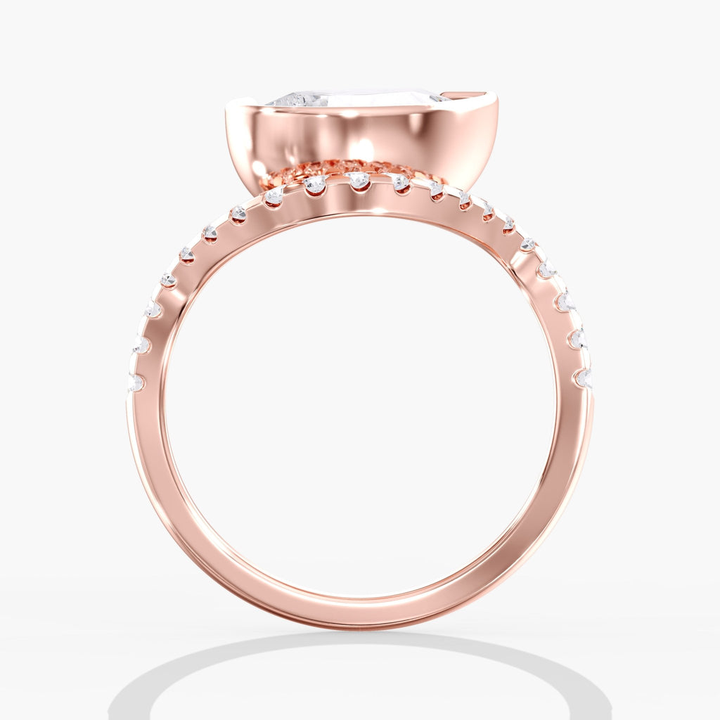 Rose Gold East West Pear Diamonds Tilted Bezel Pave Ring Side View