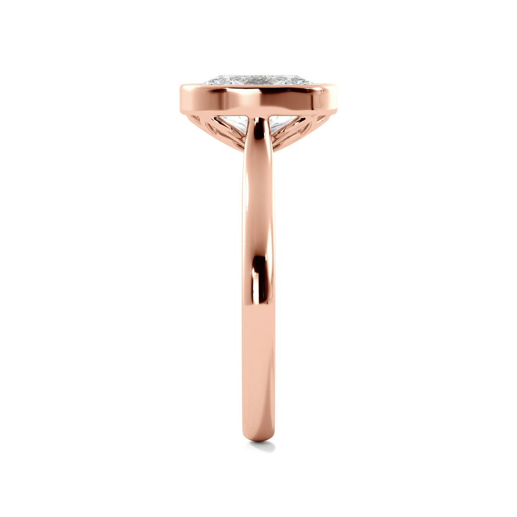 Rose Gold Elongated Cushion Bezel Floral Filigree Engagement Ring Side View