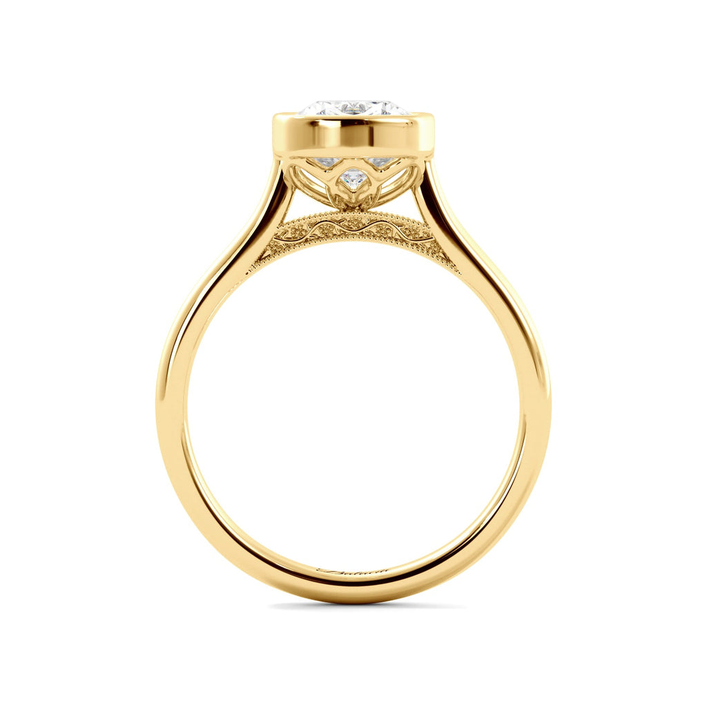 Yellow Gold Elongated Cushion Bezel Floral Filigree Engagement Ring Full View
