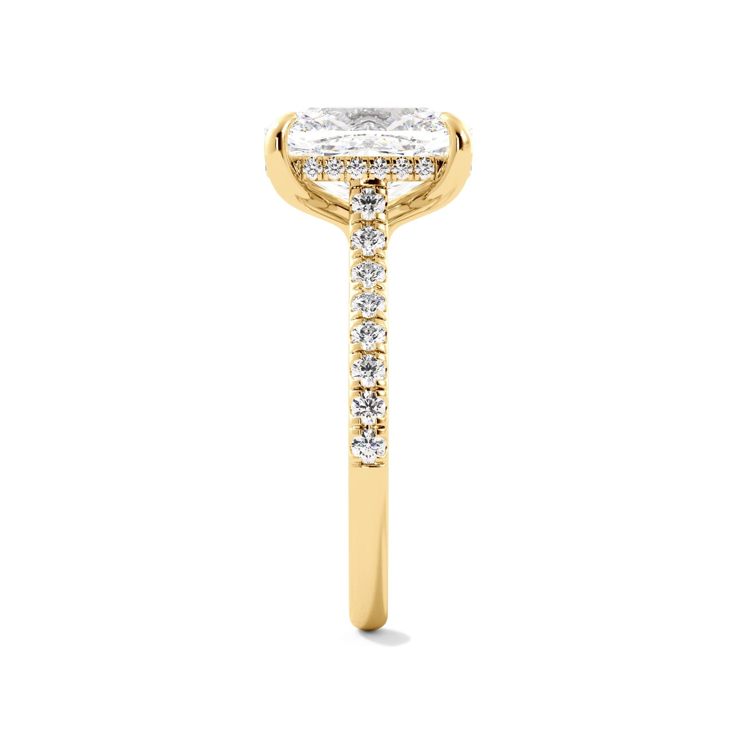 Yellow Gold Elongated Cushion Hidden Halo Diamond Ring Side View