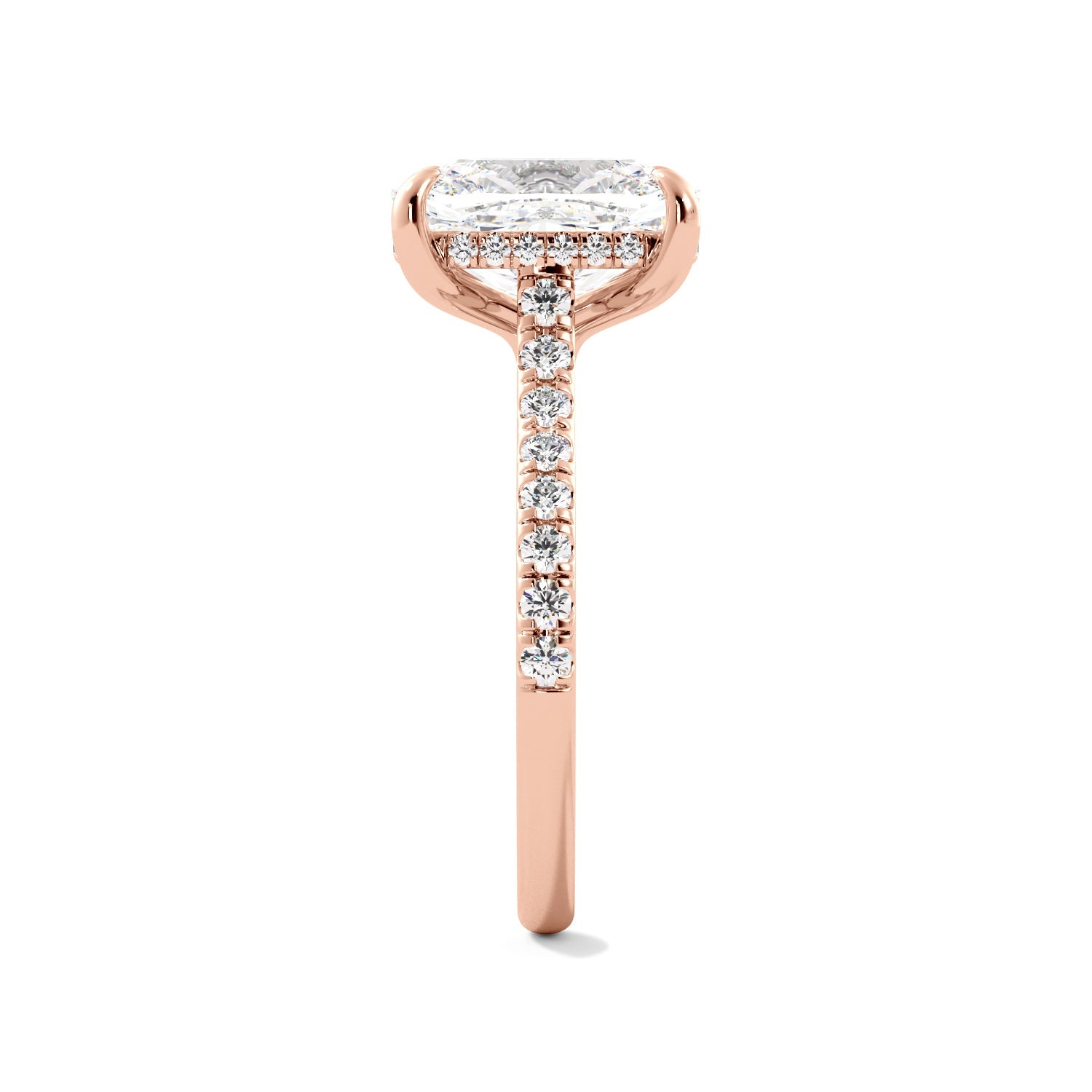 Rose Gold Elongated Cushion Hidden Halo Diamond Ring Side View