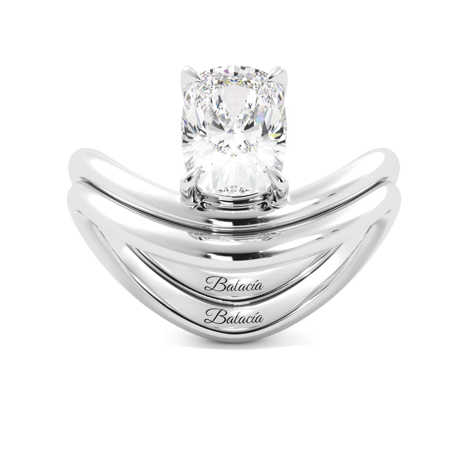 Elongated Cushion Modern Curved Engagement Ring Set