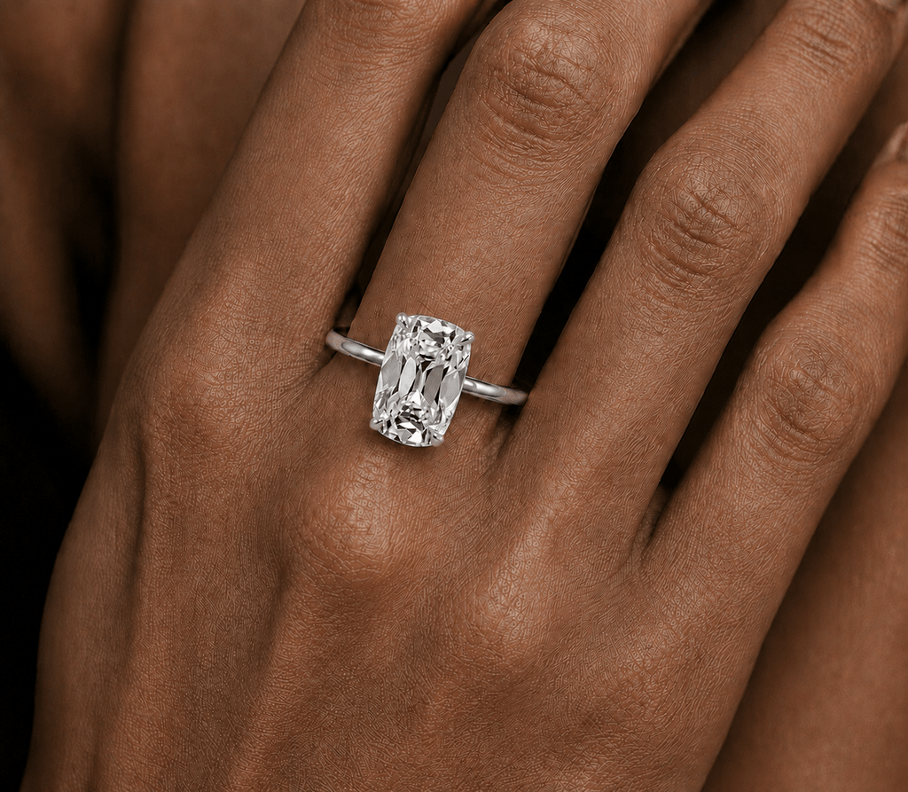 Elongated Cushion Old Mine Cut Diamond Engagement Ring White Gold Hand