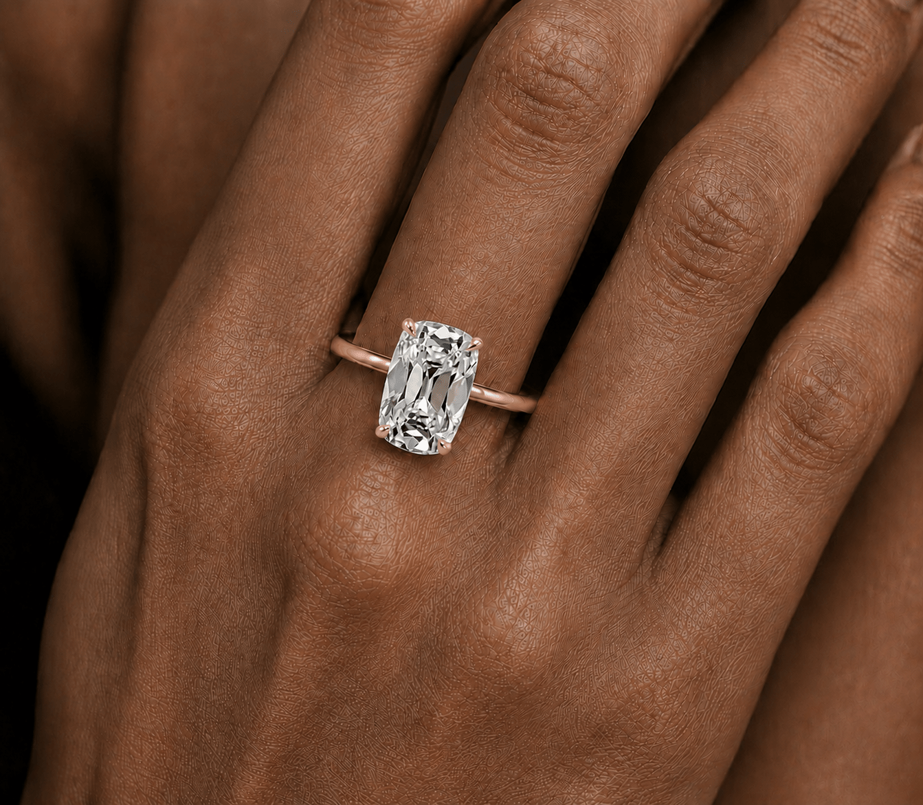 Elongated Cushion Old Mine Cut Diamond Engagement Ring Rose Hand