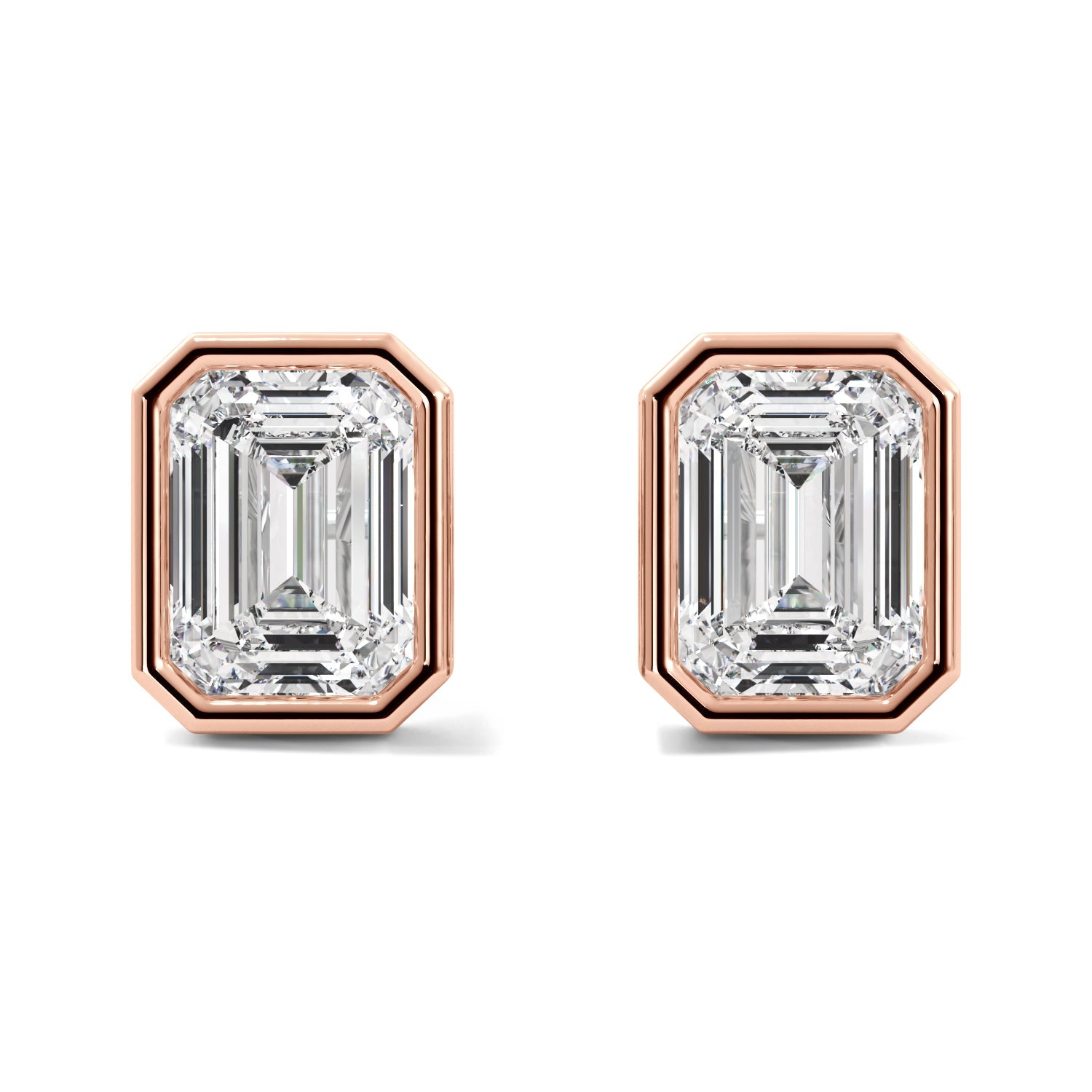 Rose Gold Emerald Cut Bezel Diamond Stud Earrings