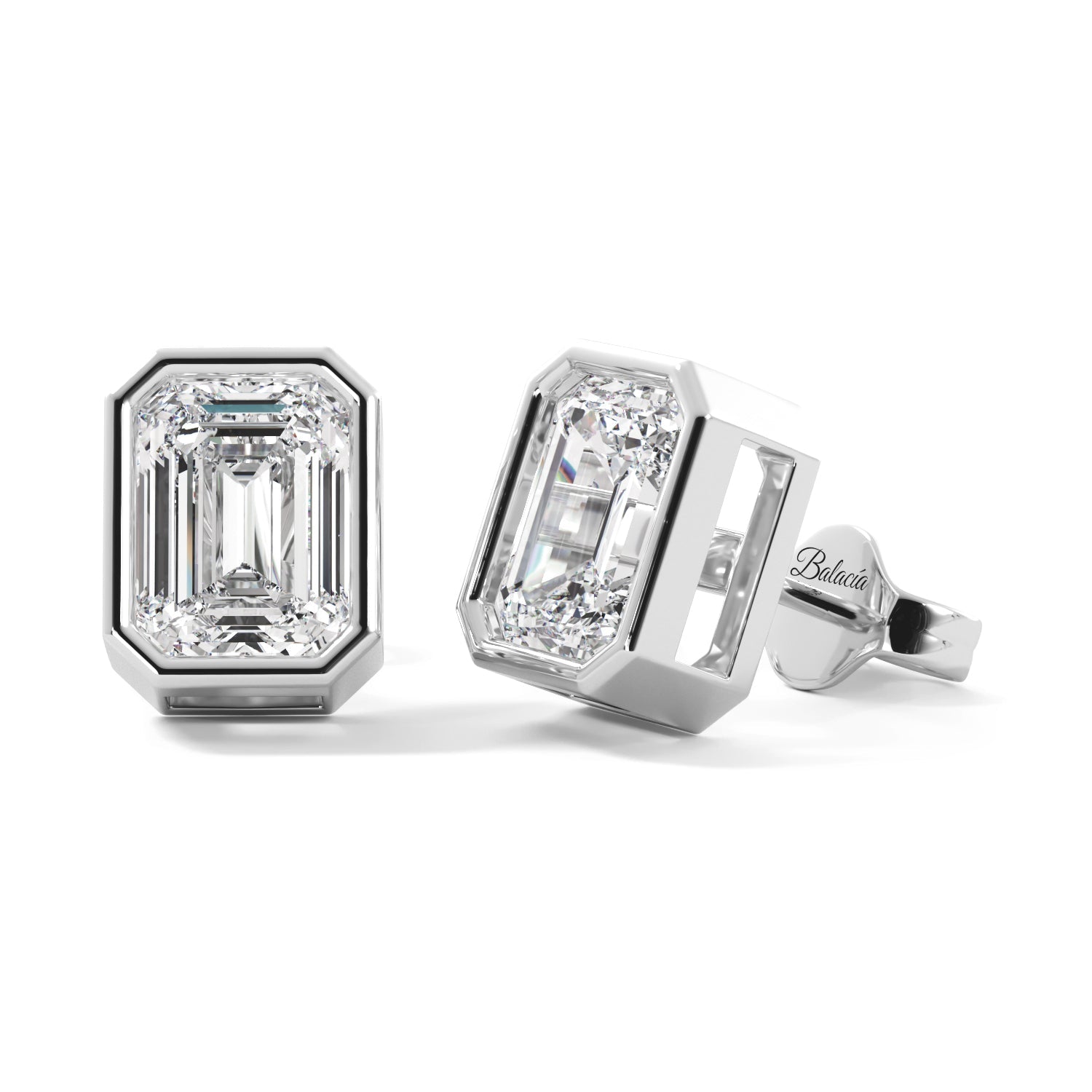 Diamond Emerald Cut Bezel Stud Earrings 