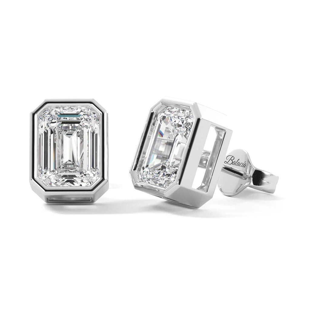 Diamond Emerald Cut Bezel Stud Earrings 