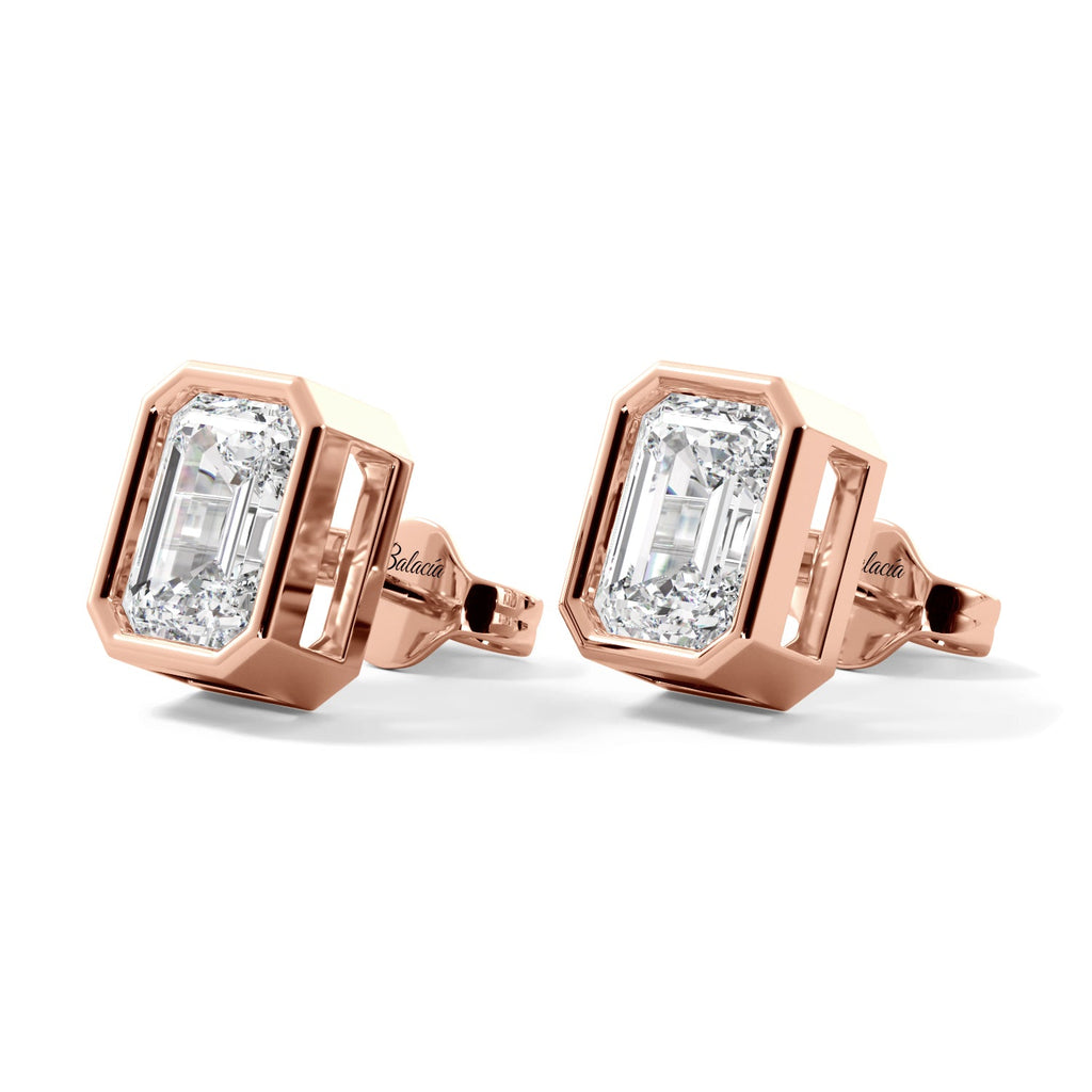 Rose Gold Emerald Cut Diamond Bezel Stud Earrings