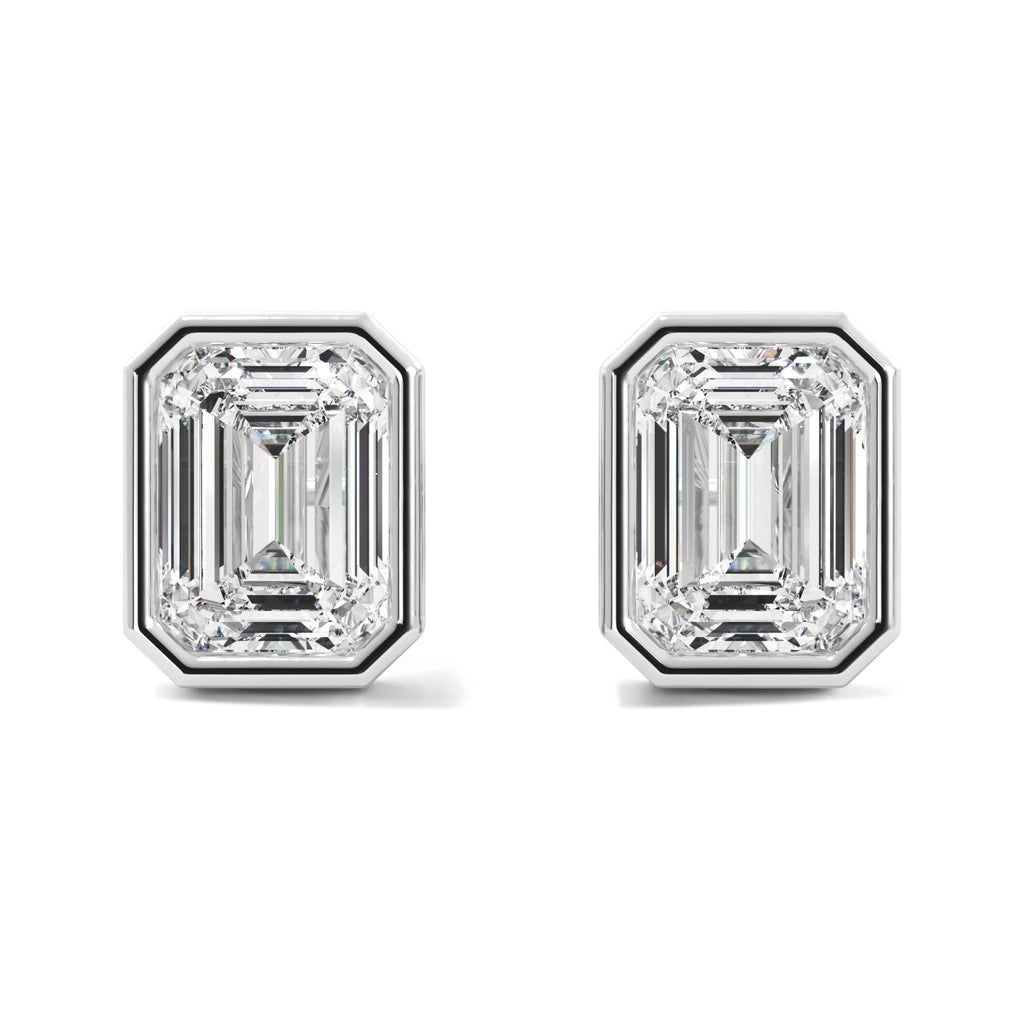 Emerald Cut Bezel Diamond Stud Earrings