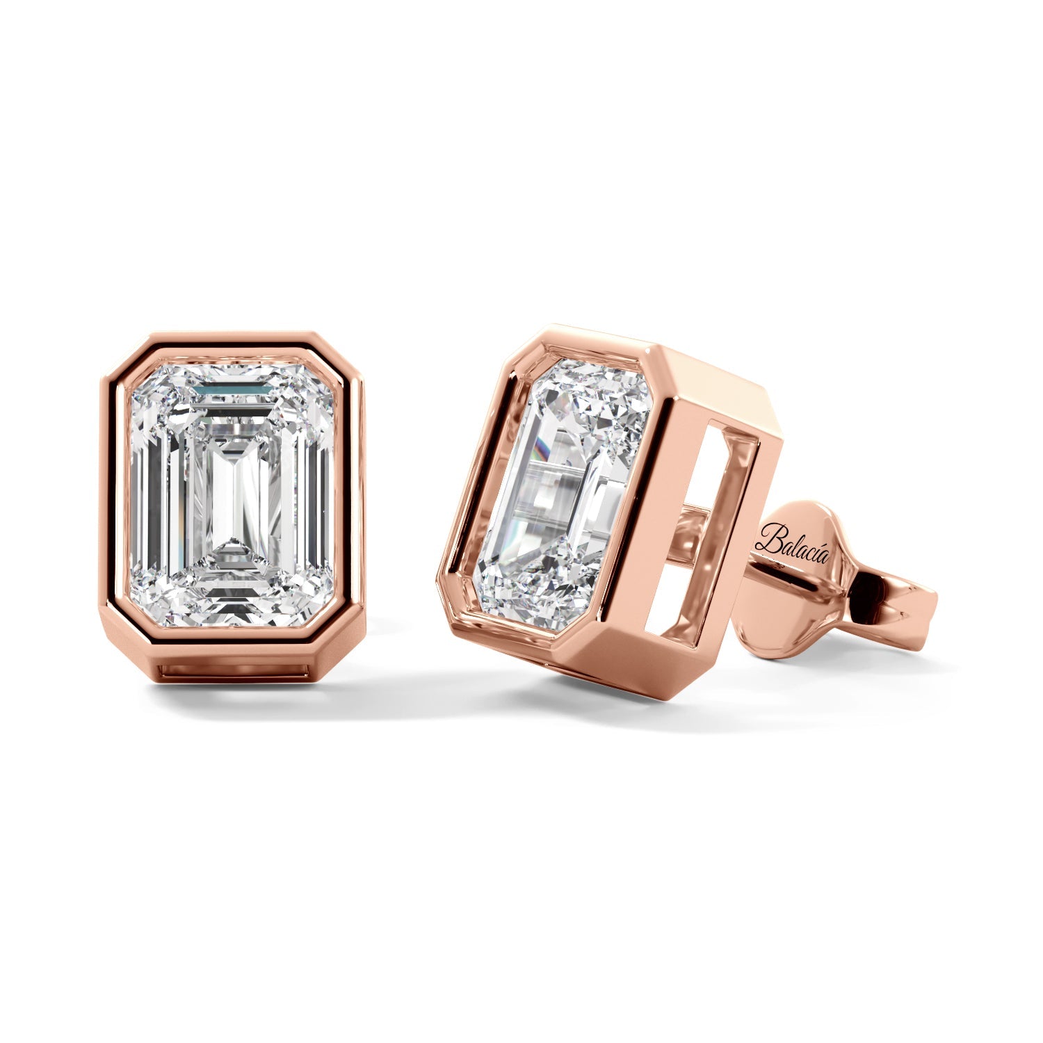Diamond Emerald Cut Rose Gold Bezel Stud Earrings