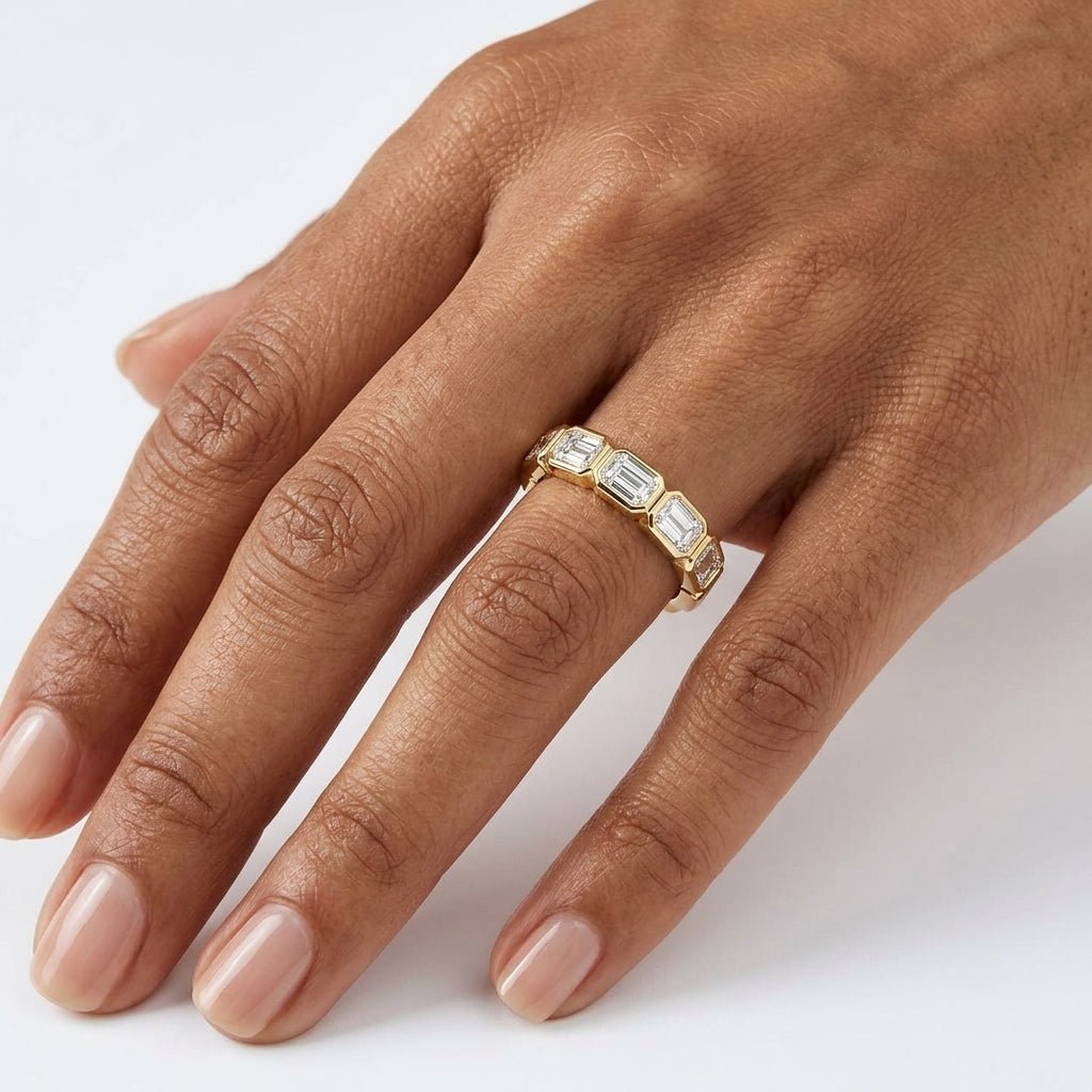 Yellow Gold Emerald Diamond Bezel Eternity Band Hand View