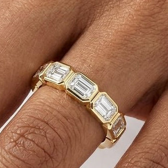 Yellow Gold Emerald Diamond Bezel Eternity Band On Hand 