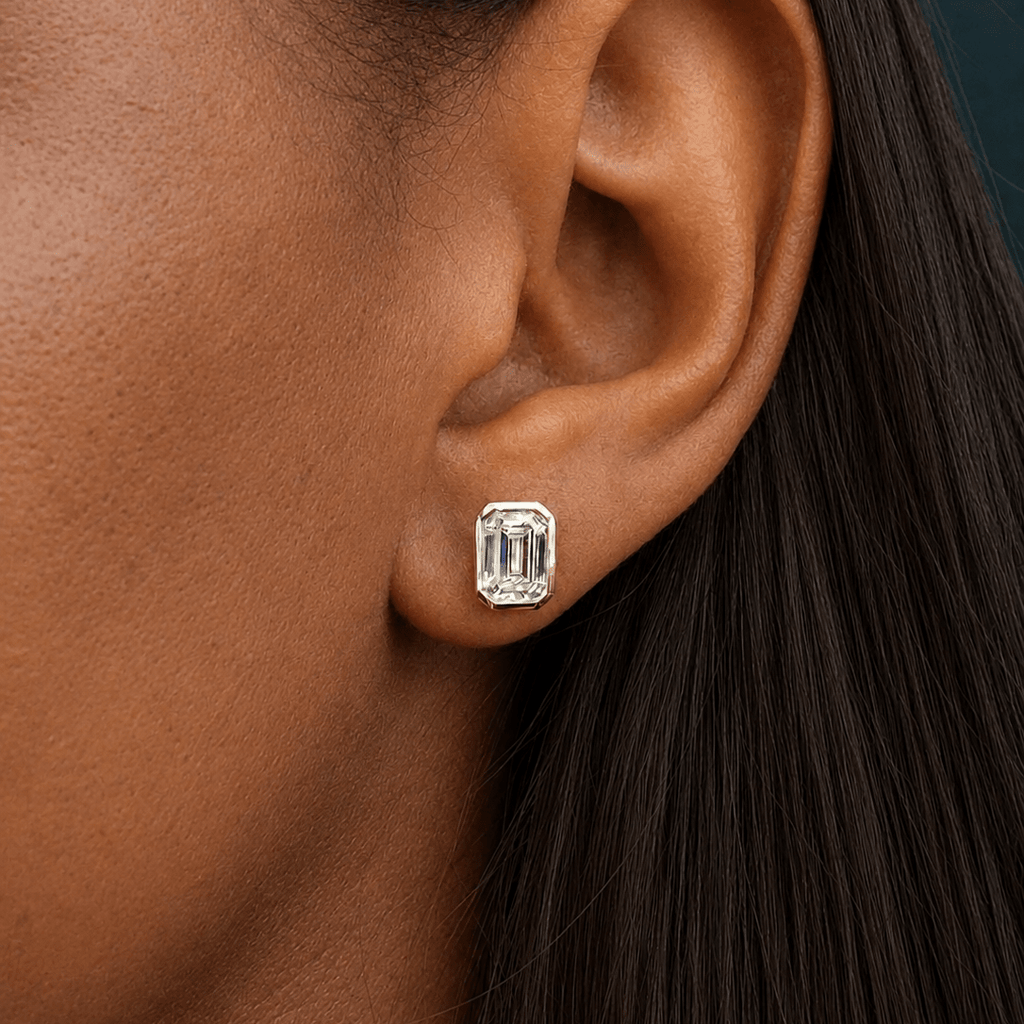 White Gold Emerald Cut Diamond Bezel Stud Earrings