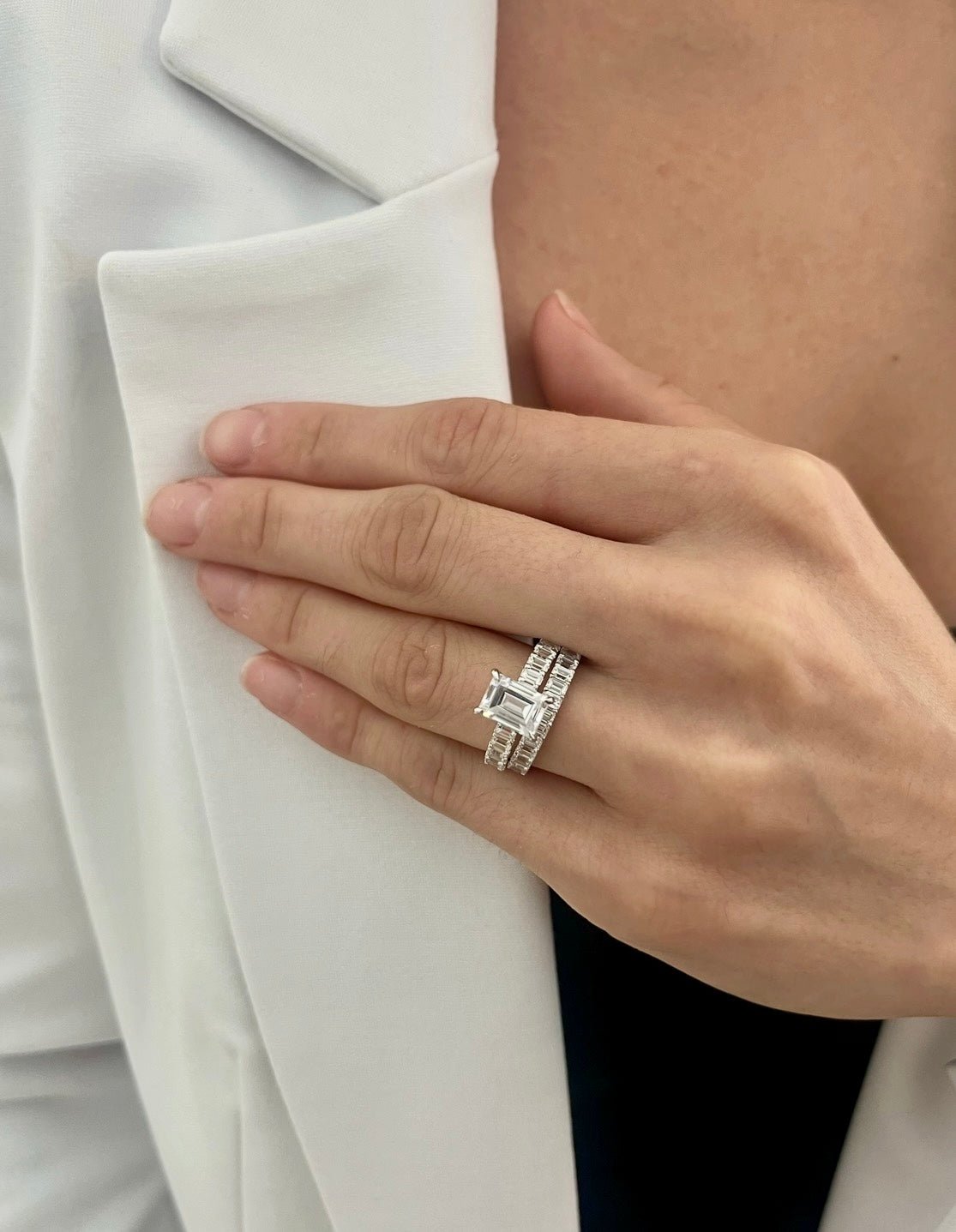 Emerald cut engagement ring with matching emerald cut band 