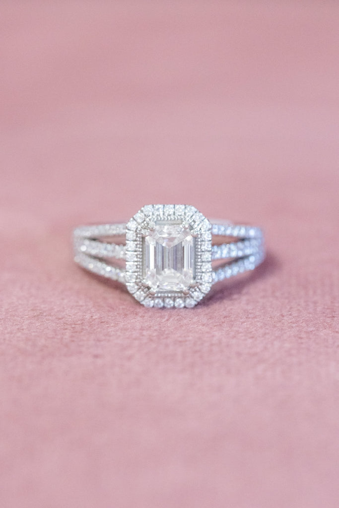 Emerald cut vintage lab diamond engagement ring