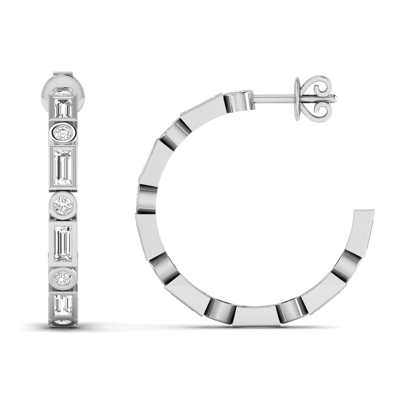 Emerald Cut Round Bezel Diamond Hoop Earrings - Balacia