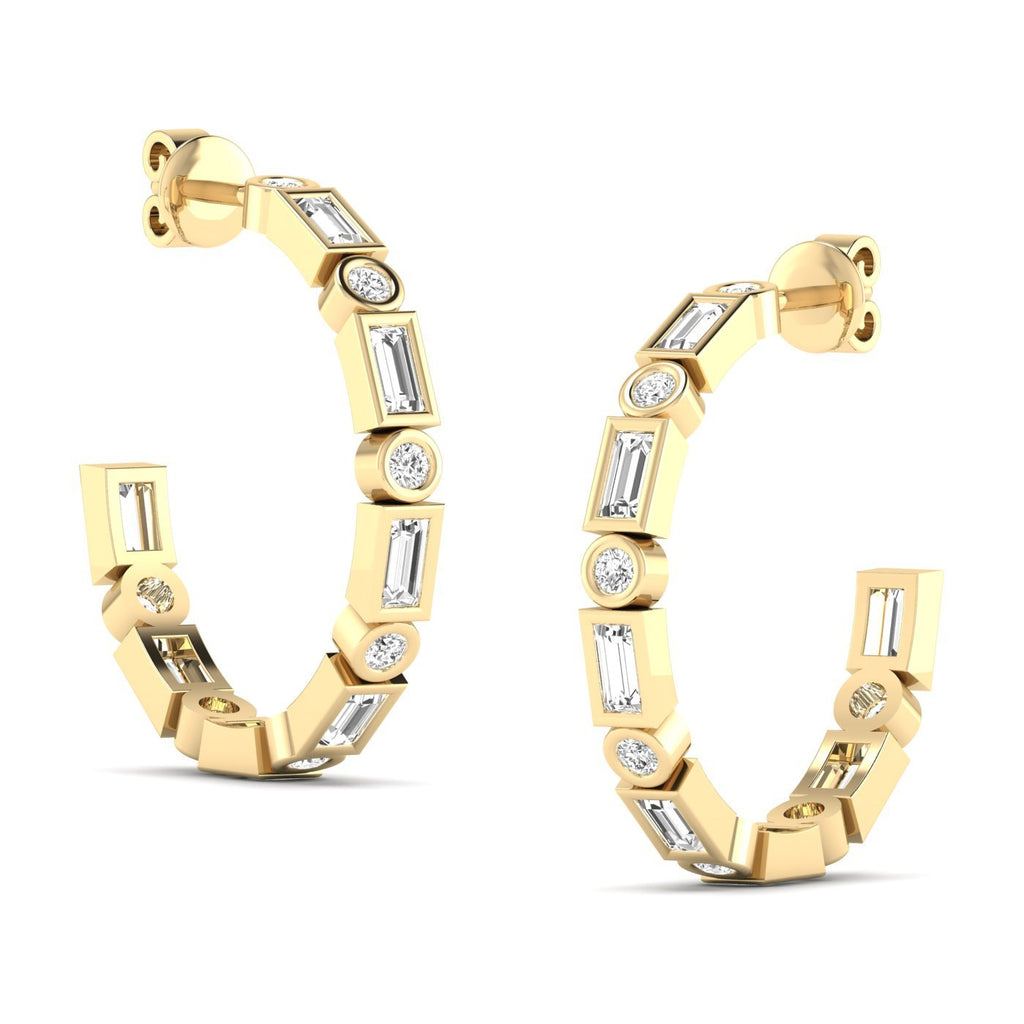 Emerald Cut Round Bezel Diamond Hoop Earrings - Balacia