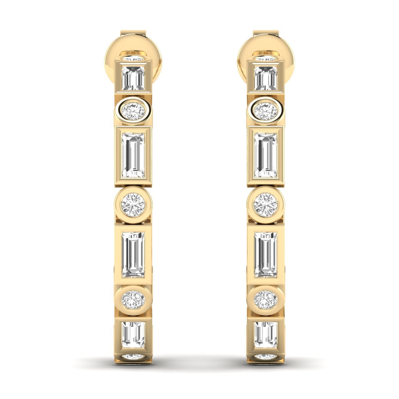 Emerald Cut Round Bezel Diamond Hoop Earrings - Balacia