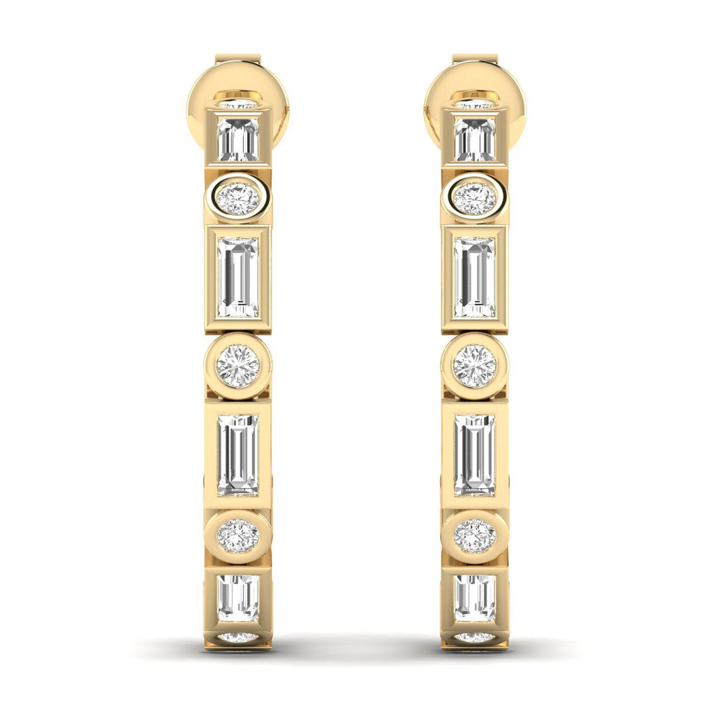 Emerald Cut Round Bezel Diamond Hoop Earrings - Balacia