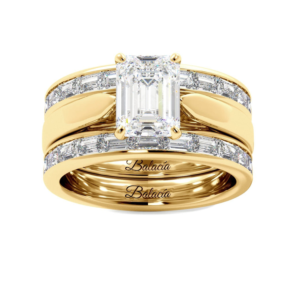 Emerald Cut Solitaire Bagguette Bands Engagement Ring Set - Balacia