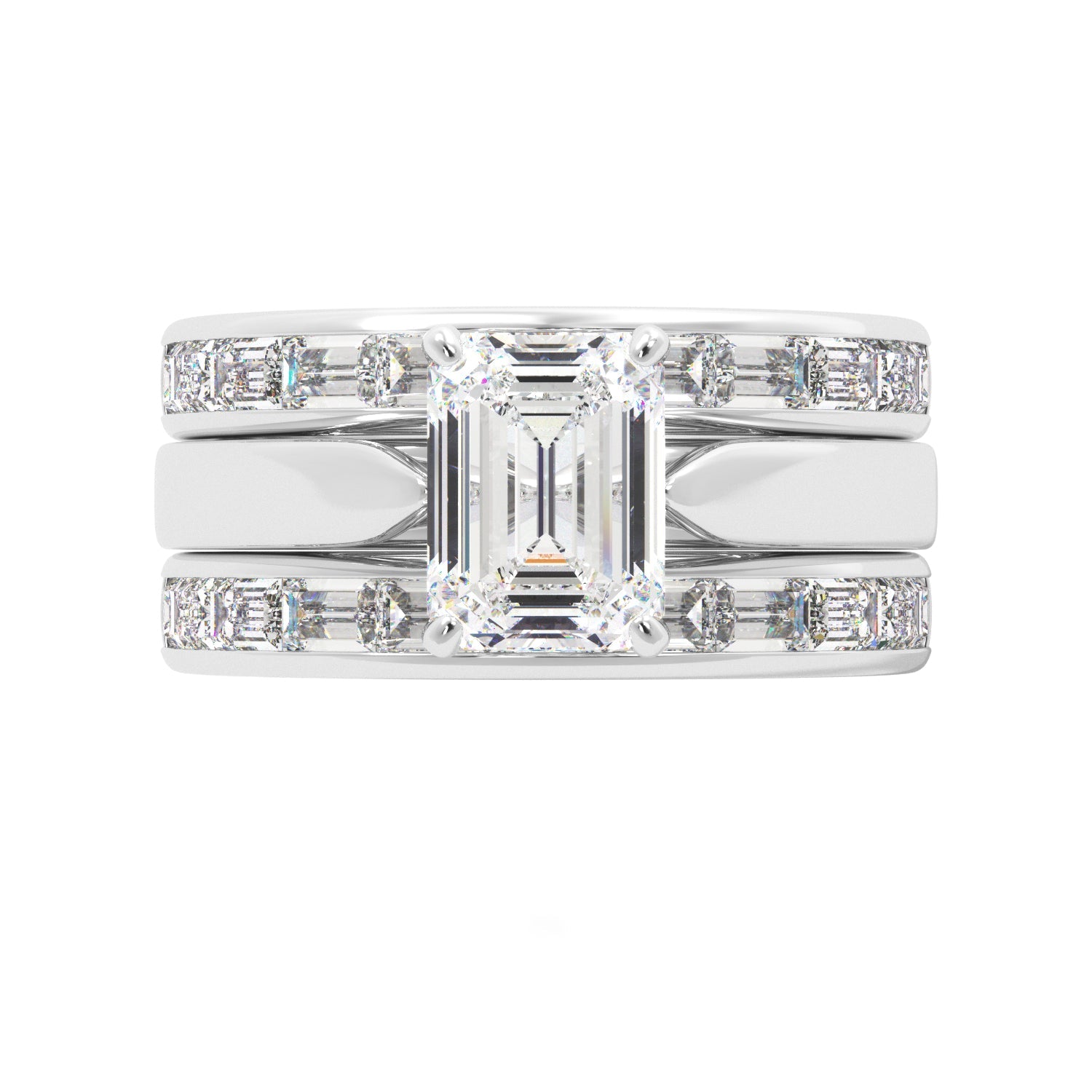 Emerald Cut Solitaire Bagguette Bands Engagement Ring Set - Balacia