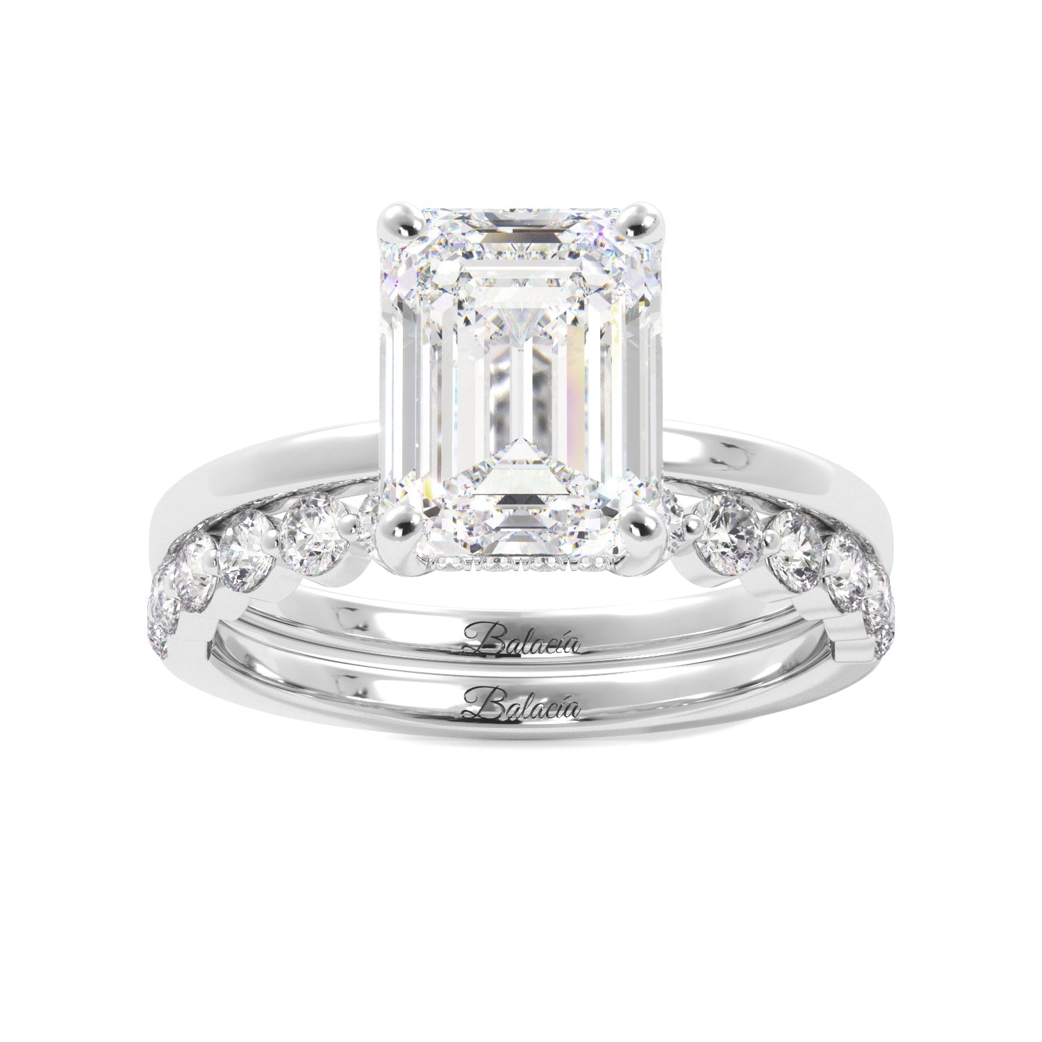 Emerald Cut with Hidden Halo Engagement Ring Set - Balacia