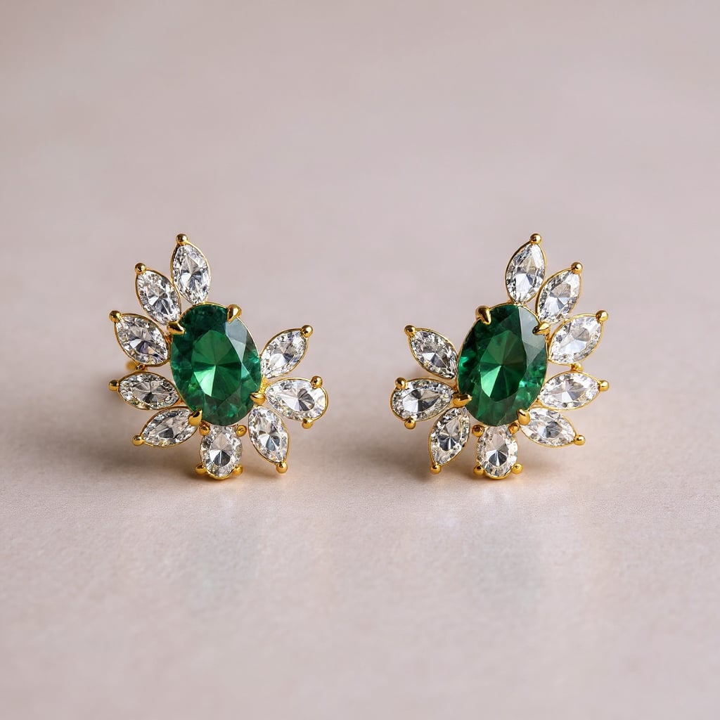 Yellow Gold Emerald Green Oval Diamond Stud Earrings