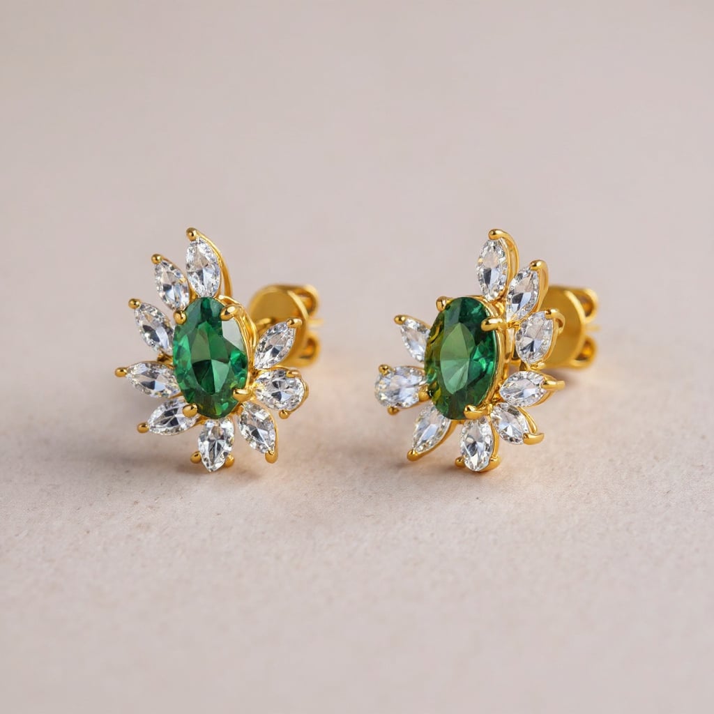 Yellow Gold Emerald Green Oval Diamond Stud Earrings Side