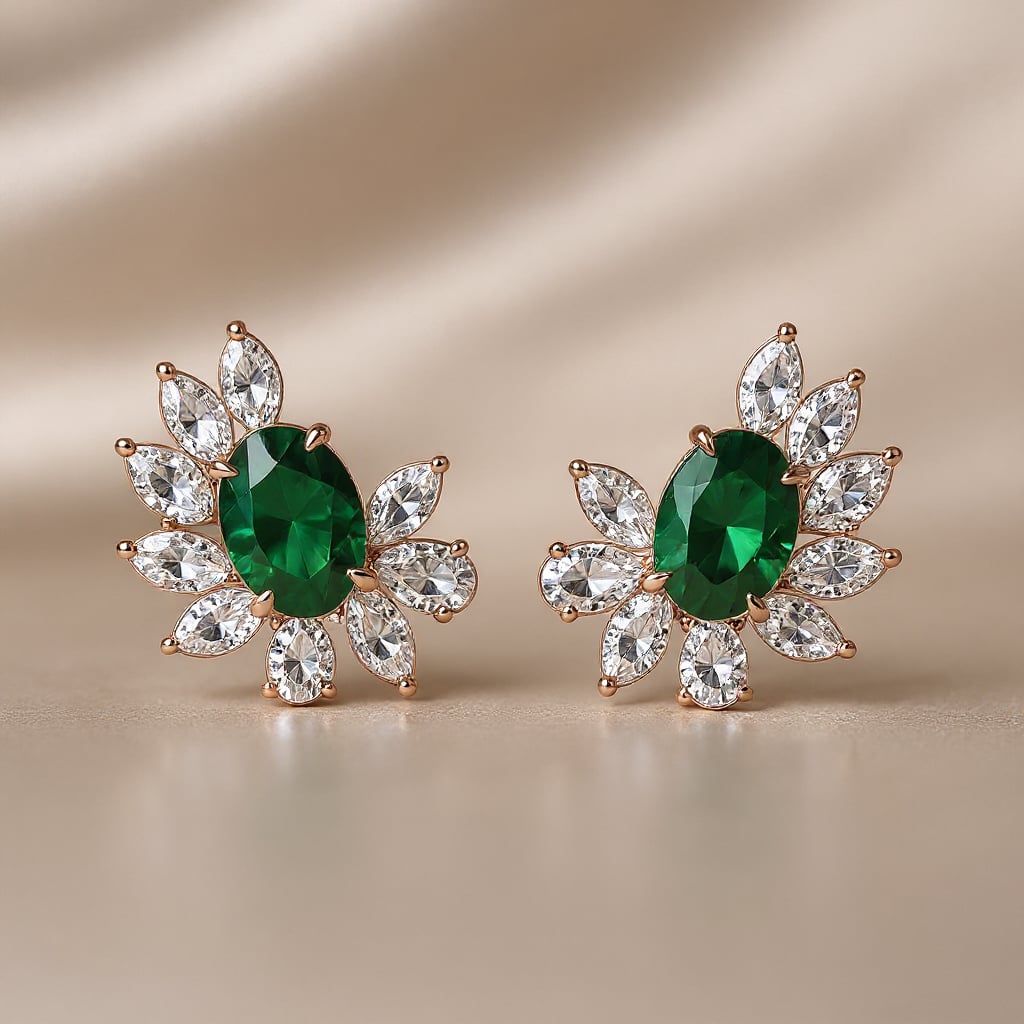 Rose Gold Emerald Green Oval Diamond Stud Earrings