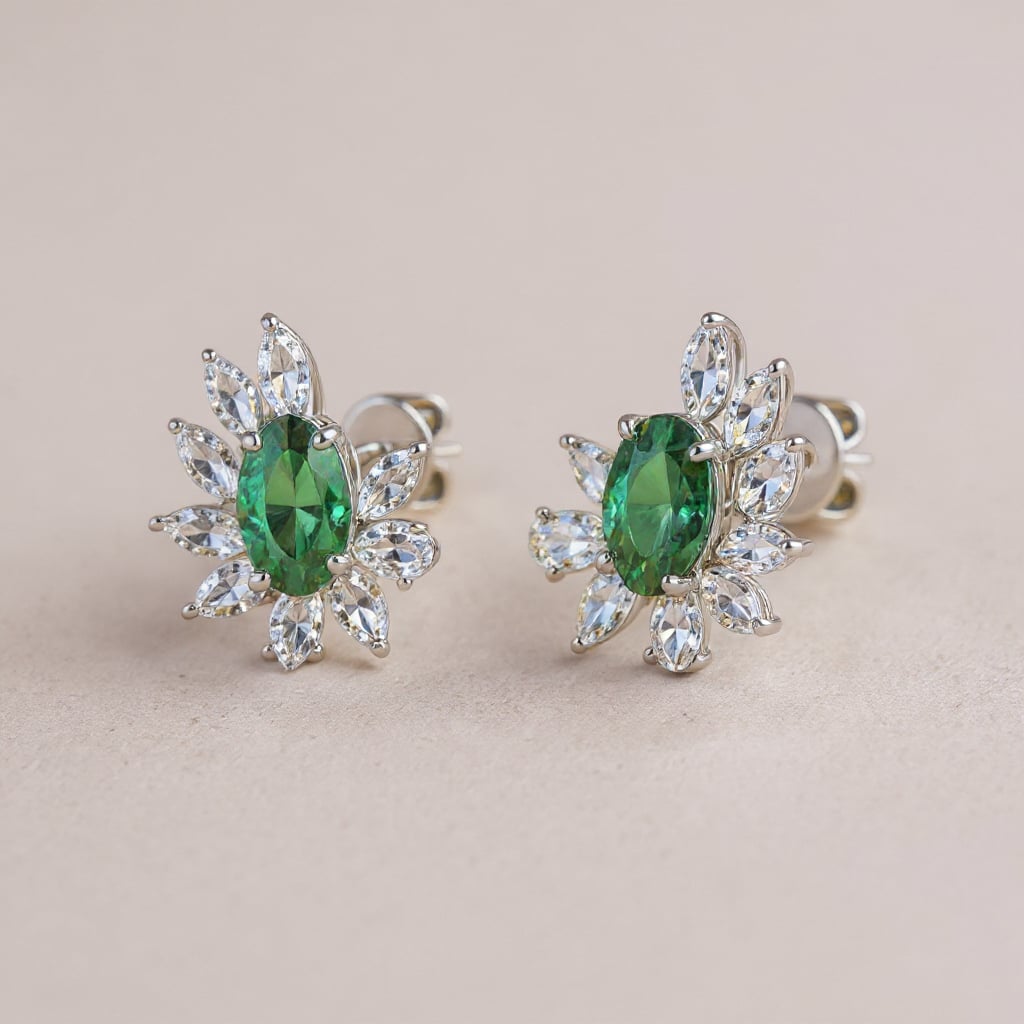 White Gold Emerald Green Oval Diamond Stud Earrings Side