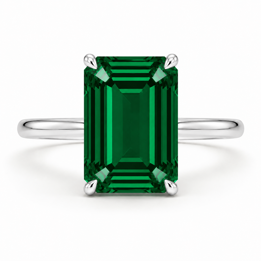 green emerald engagement ring silver white gold