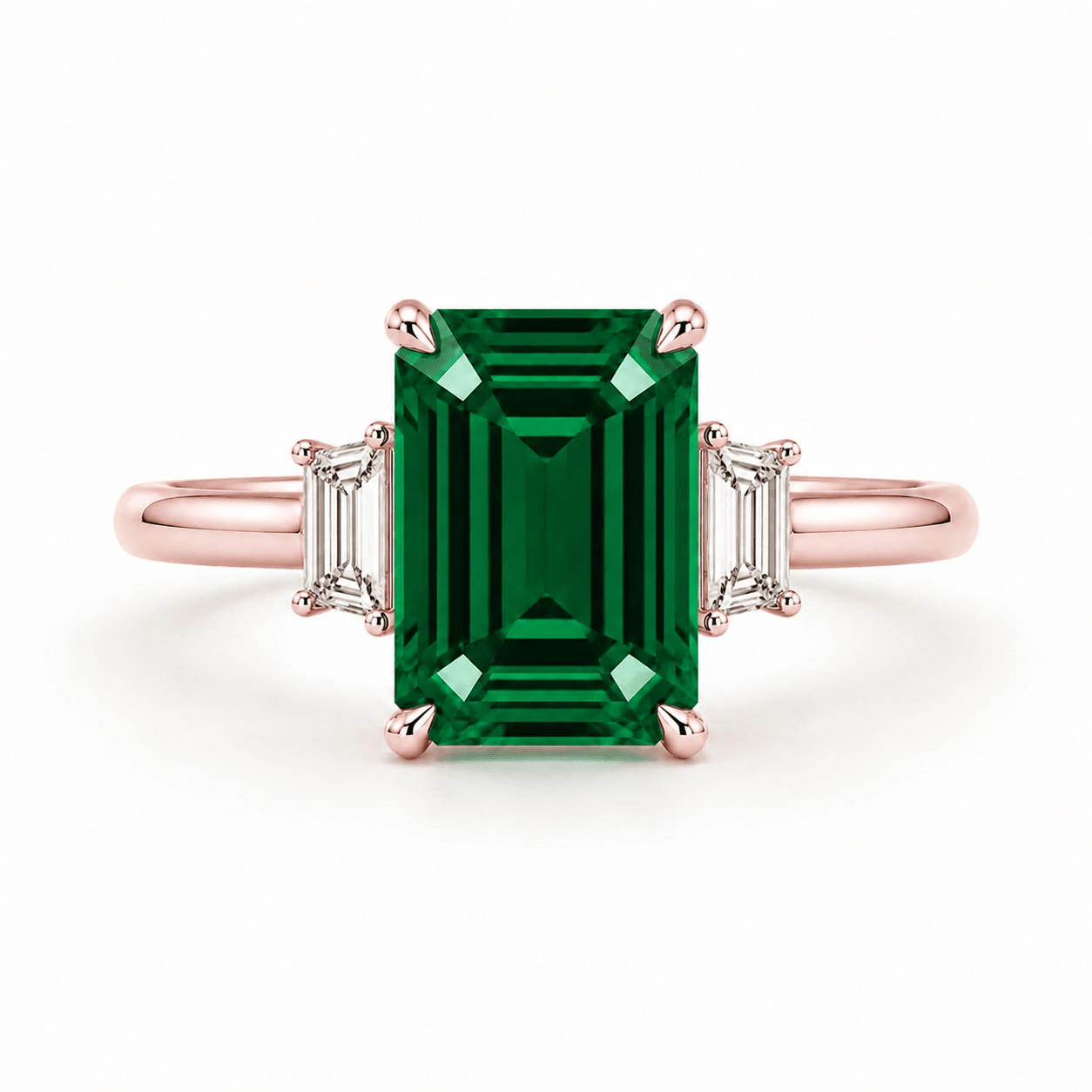 Green Emerald Cut Diamond 3 Stone Engagement Ring Rose Gold