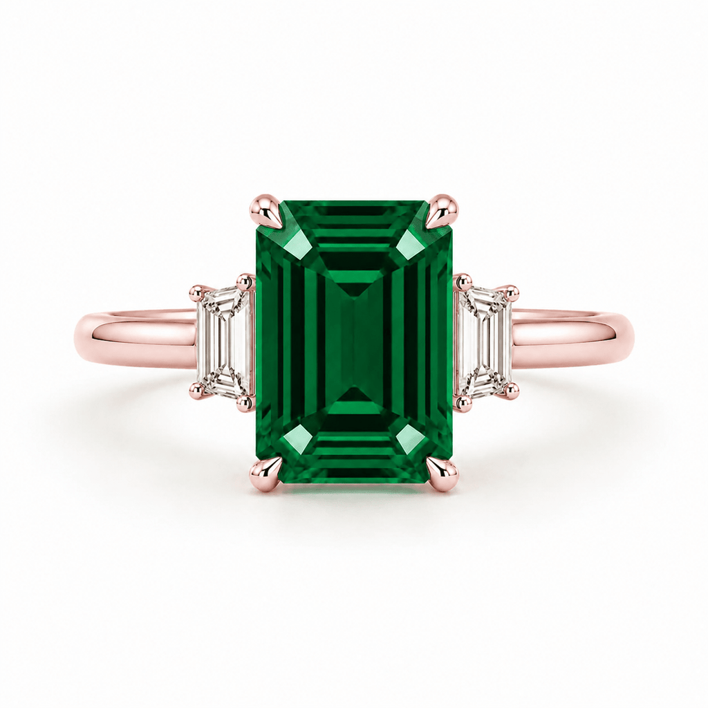 Green Emerald Cut Diamond 3 Stone Engagement Ring Rose Gold