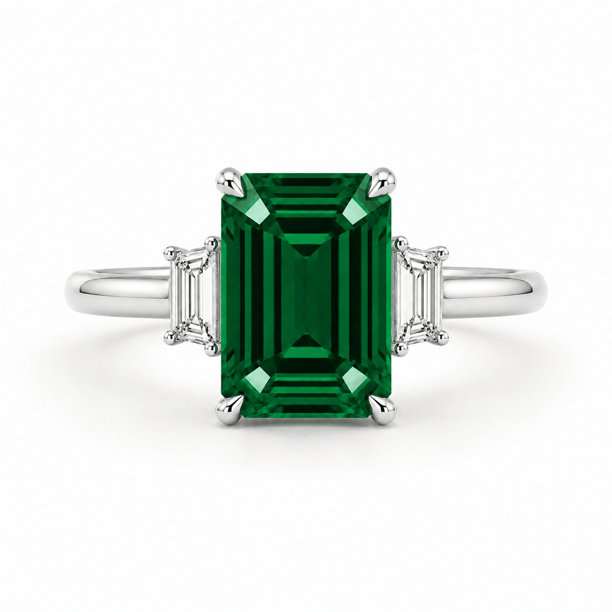Green Emerald Cut Diamond 3 Stone Engagement Ring White Gold