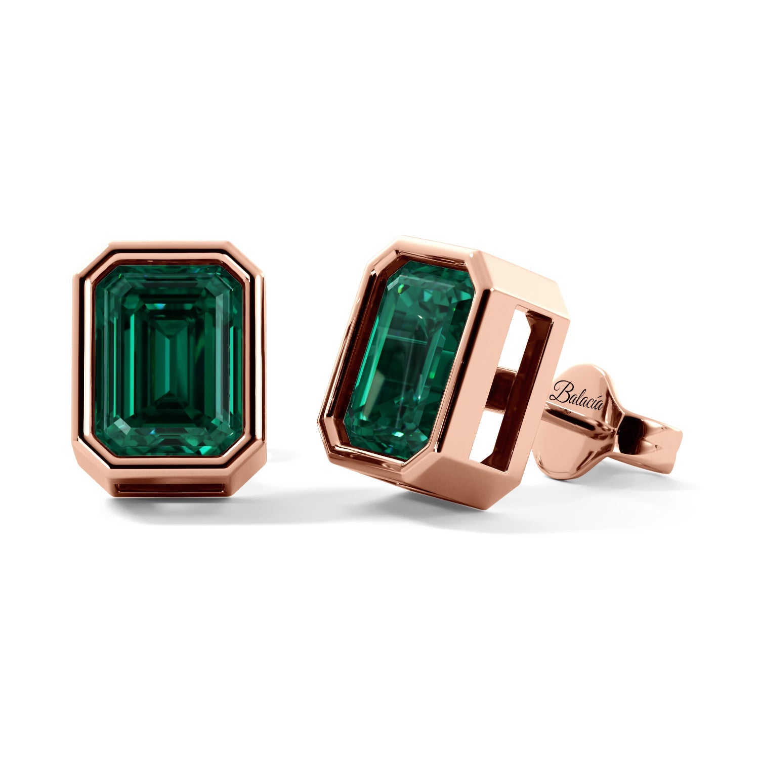 Rose Gold Green Emerald Emerald Cut Bezel Stud Earrings 
