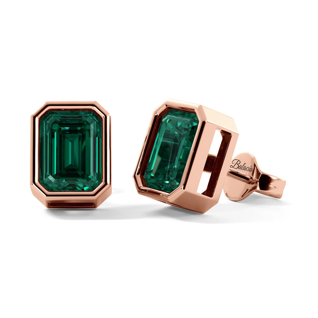 Rose Gold Green Emerald Emerald Cut Bezel Stud Earrings 