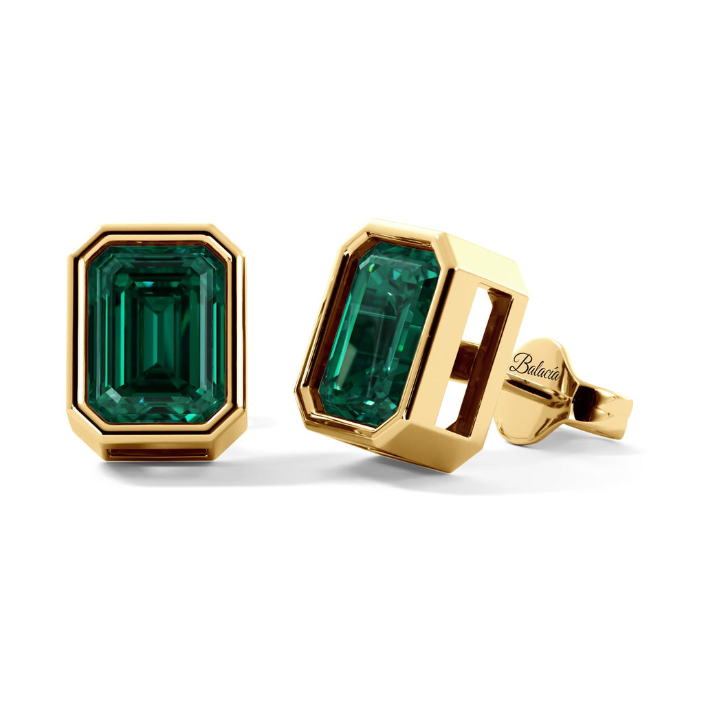 Gold Emerald Cut Green Bezel Stud Earrings