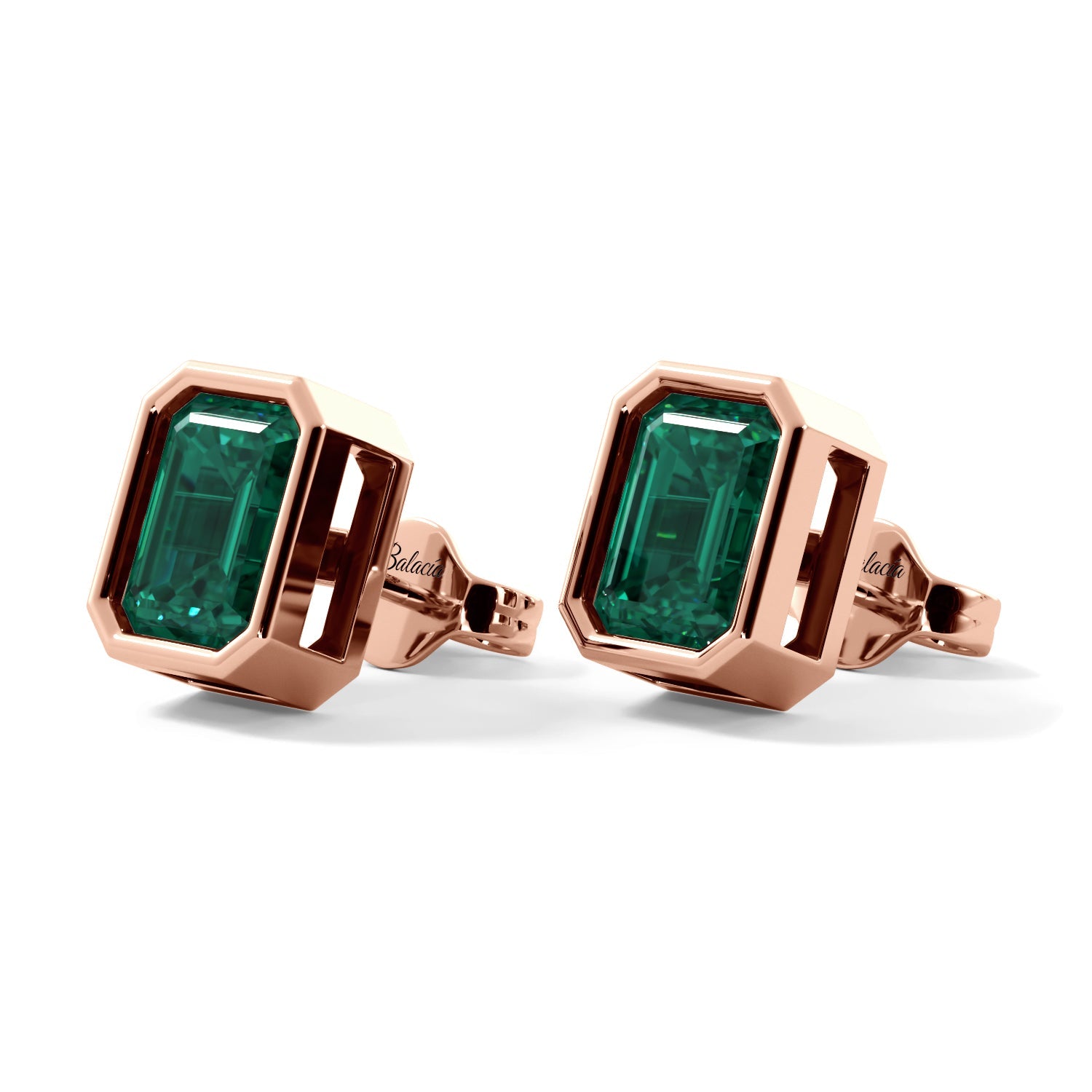 Rose Gold Emerald Cut Green Bezel Stud Earrings