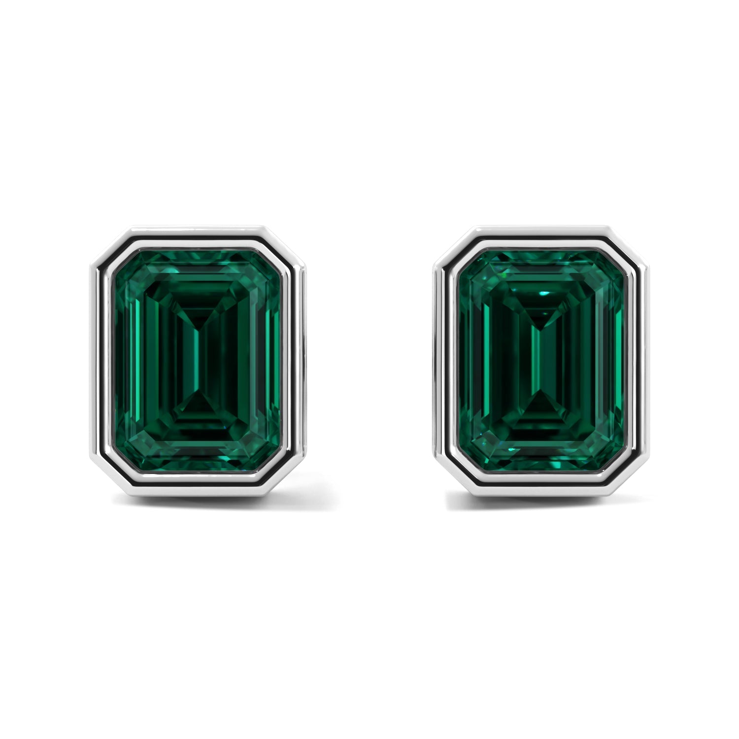 Green Emerald Cut Bezel Stud Earrings 
