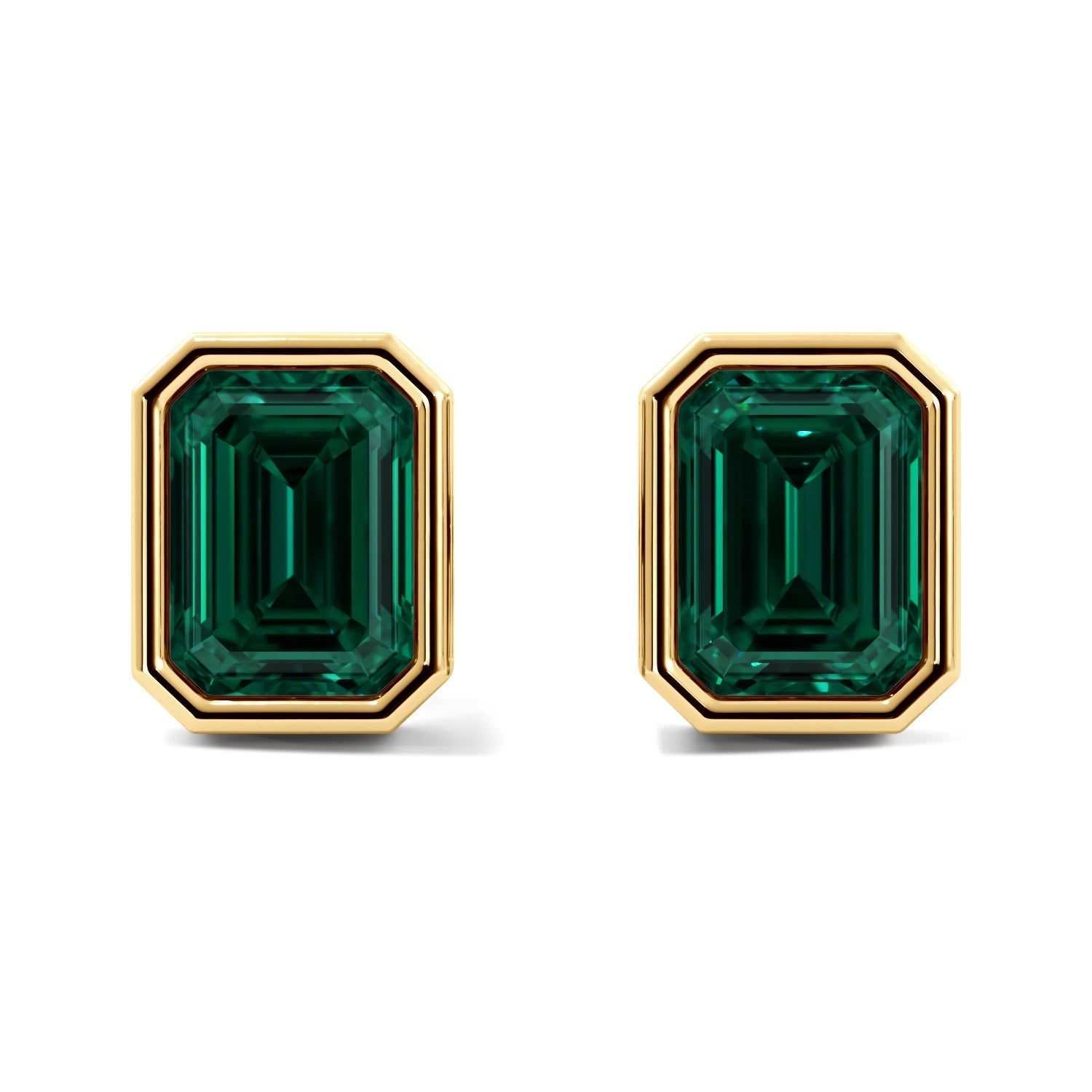 Gold Green Emerald Cut Bezel Stud Earrings 