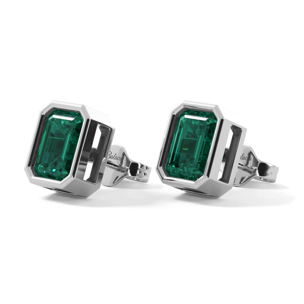 Green Emerald Blue Sapphire Emerald Cut Bezel Stud Earrings 