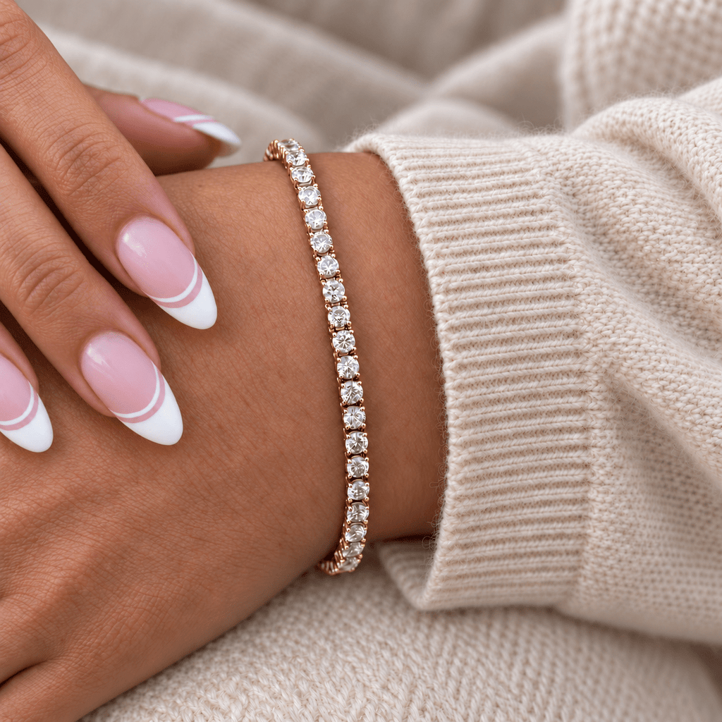 lab grown diamond tennis bracelet on wrist gold