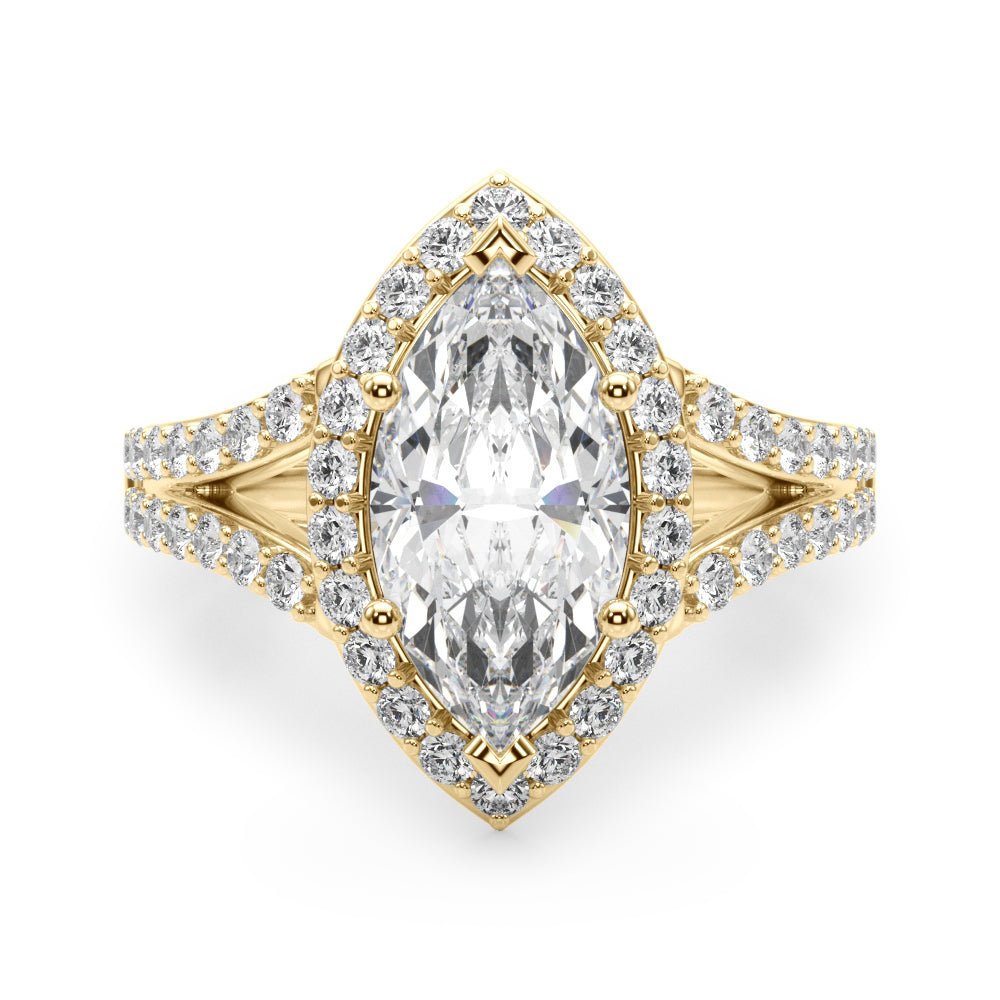 Marquise Diamond Halo Split Shank Engagement Ring Yellow Gold Front
