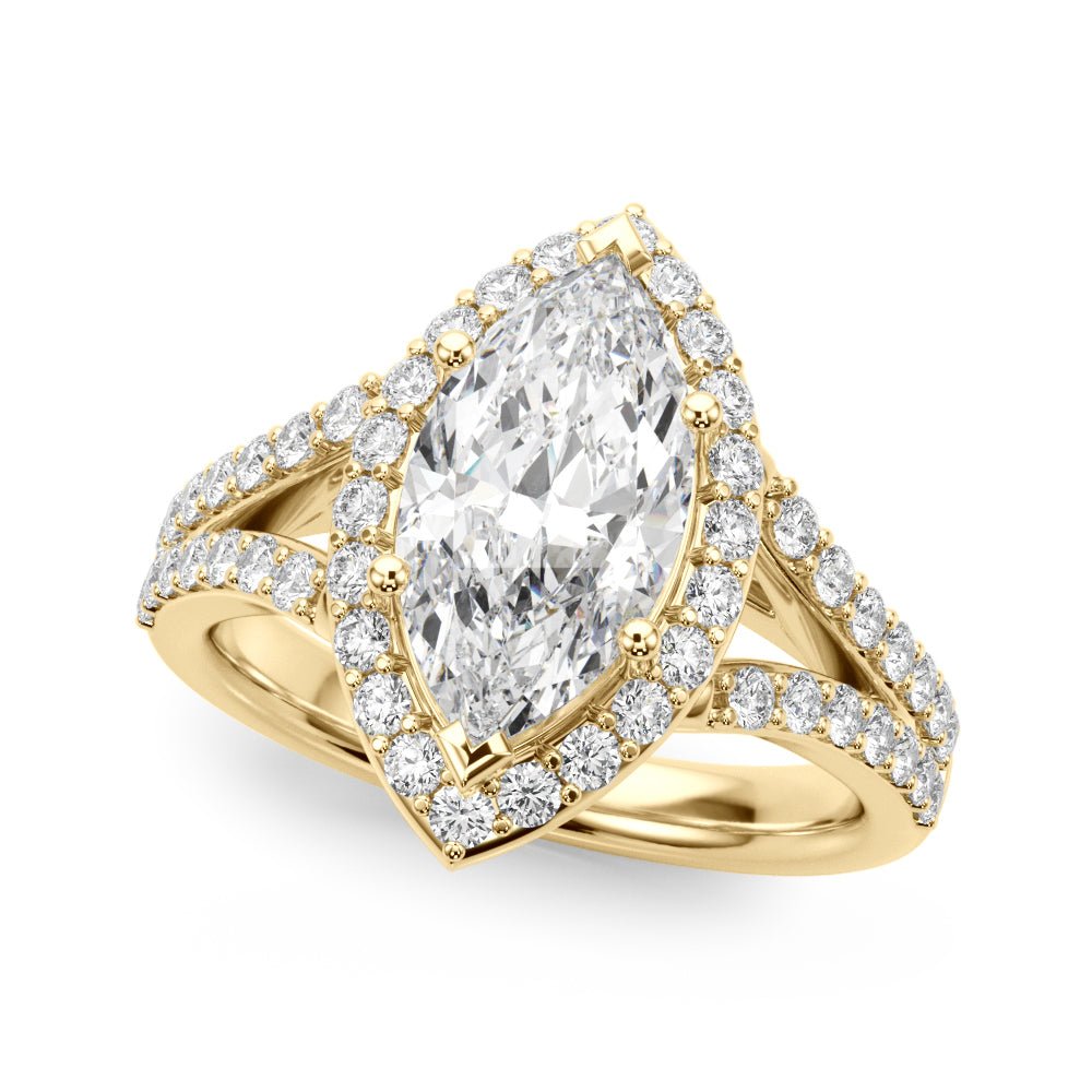 Marquise Diamond Halo Split Shank Engagement Ring Yellow Gold
