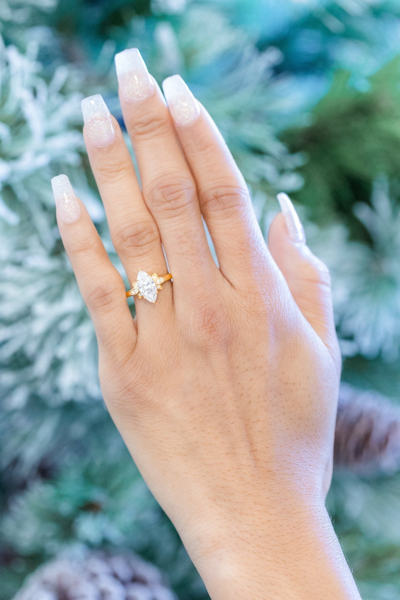 Marquise Lab Diamond Floral Accents Engagement Ring - Balacia