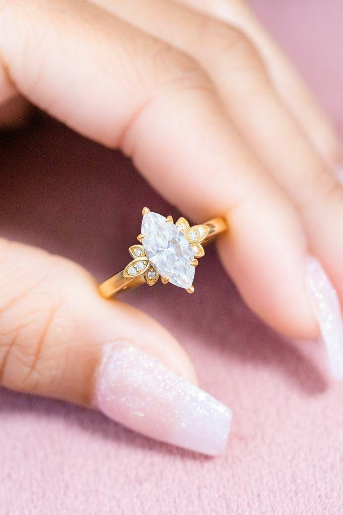 Marquise Moissanite Floral Accents Engagement Ring - Balacia