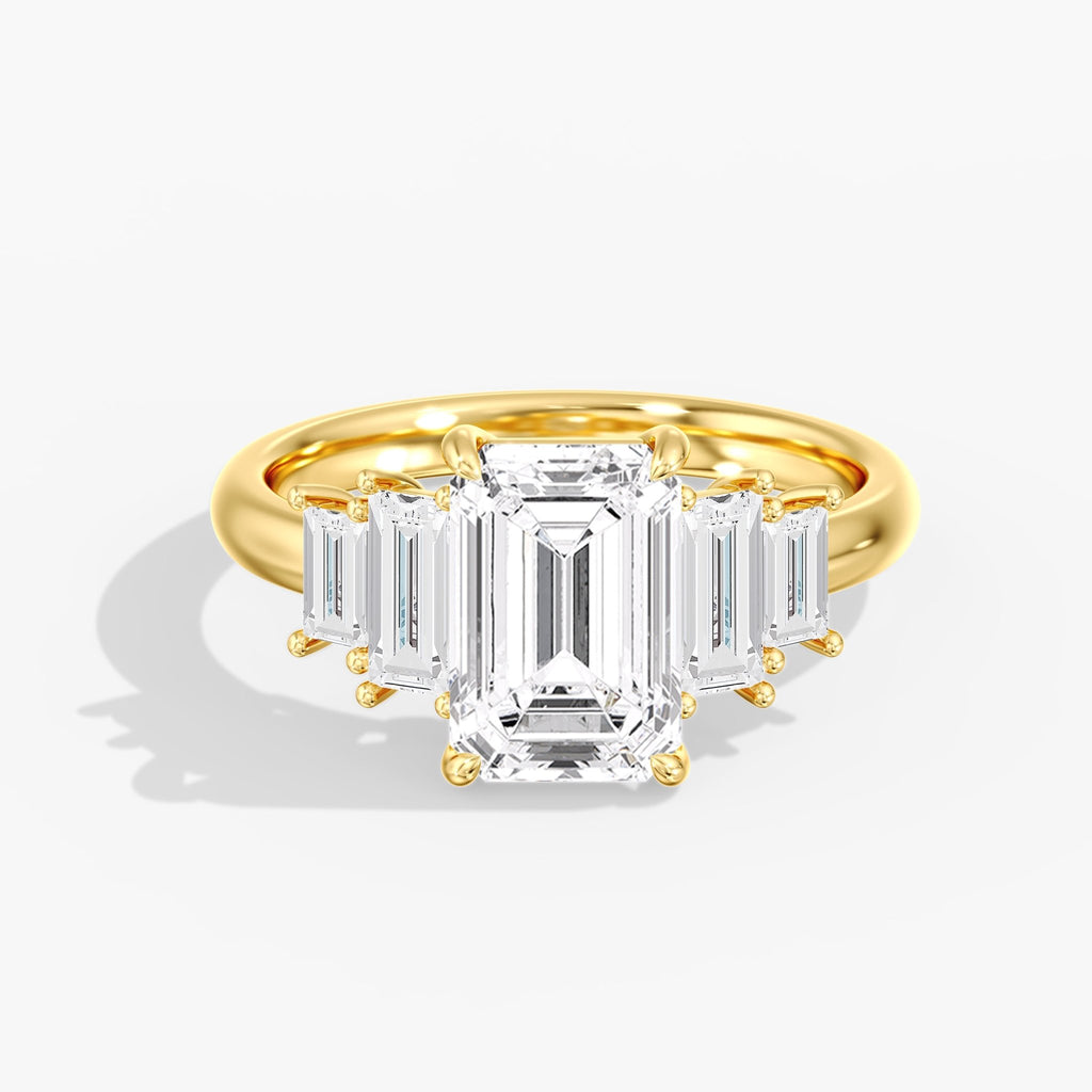 Yellow Gold Modern 5 Stone Emerald Cut Diamond Ring Front View